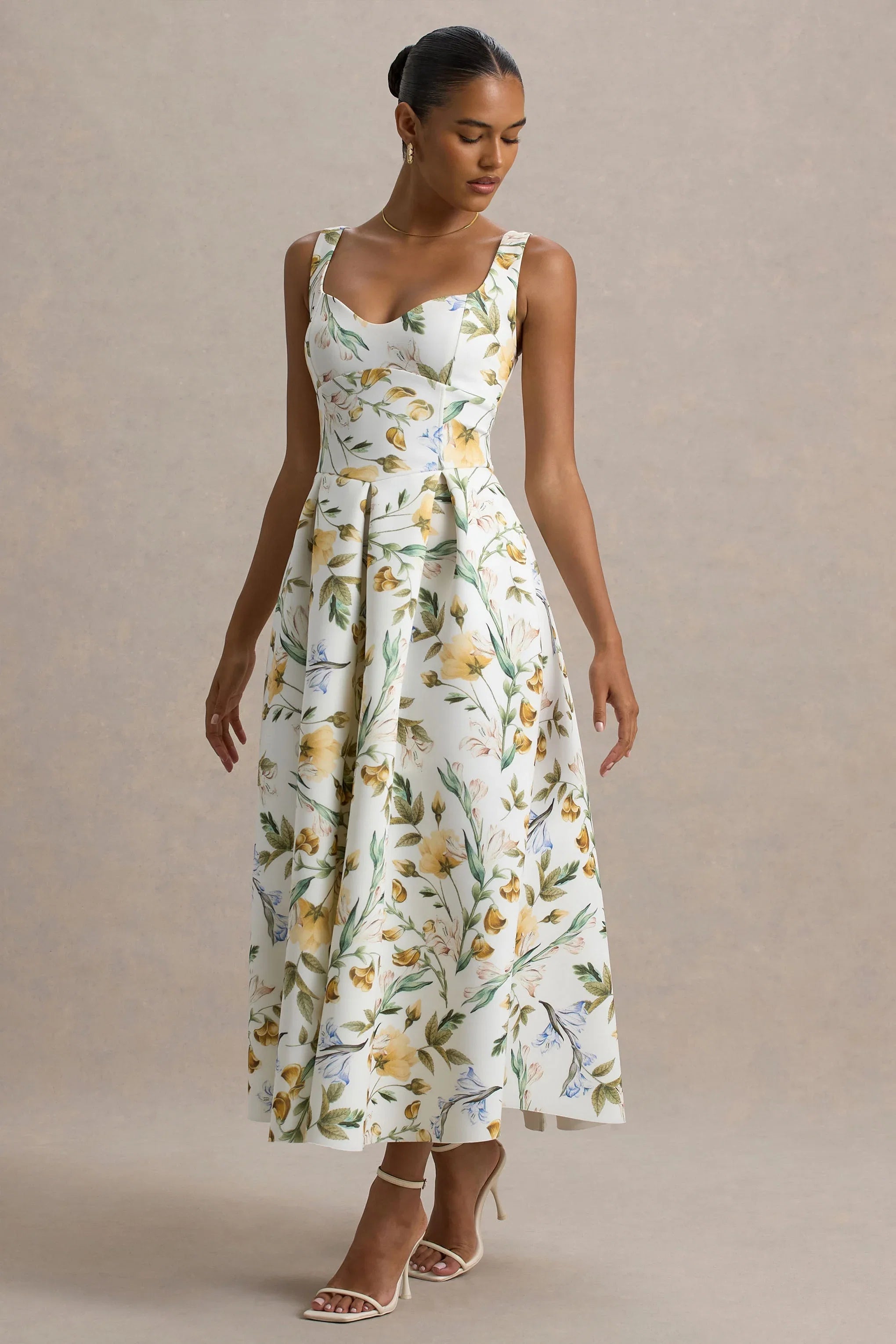 Rosemary Floral Print Sweetheart Midi Dress With Drop Waist