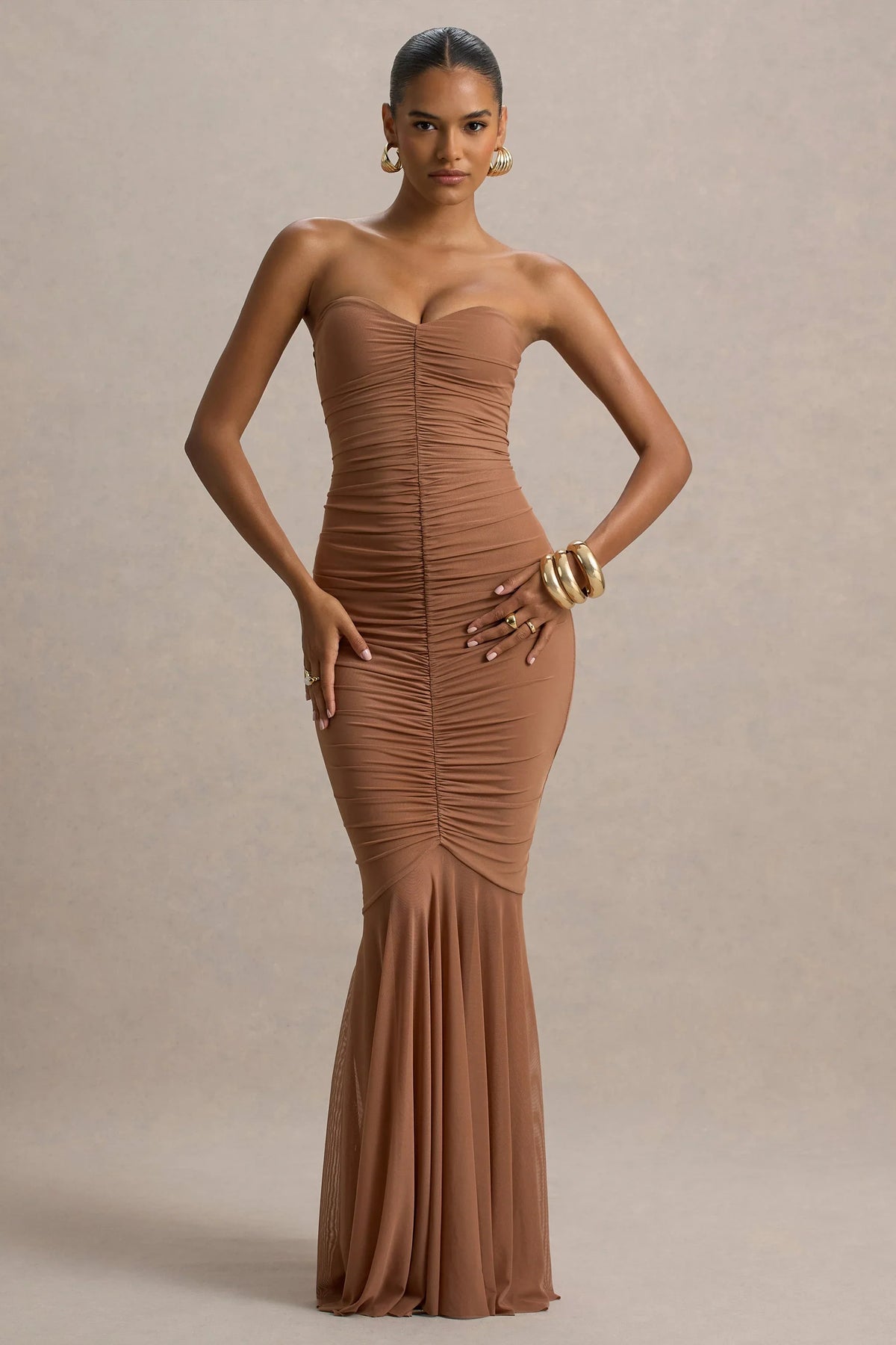 Talisa Mocha Bandeau Ruched Maxi Dress With Mesh Fishtail