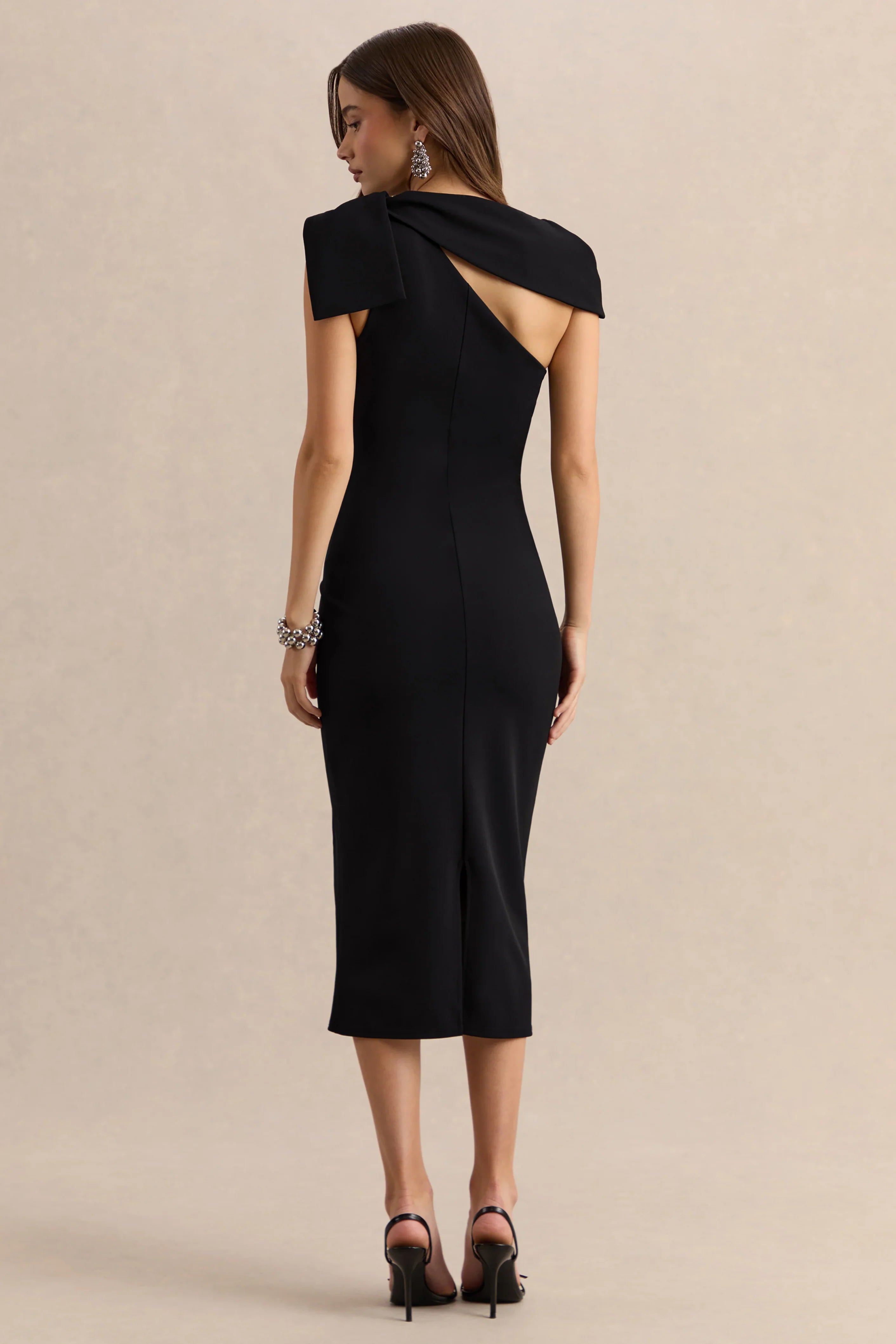 Clarina Black Asymmetric Neck Midi Dress With Bow Detail