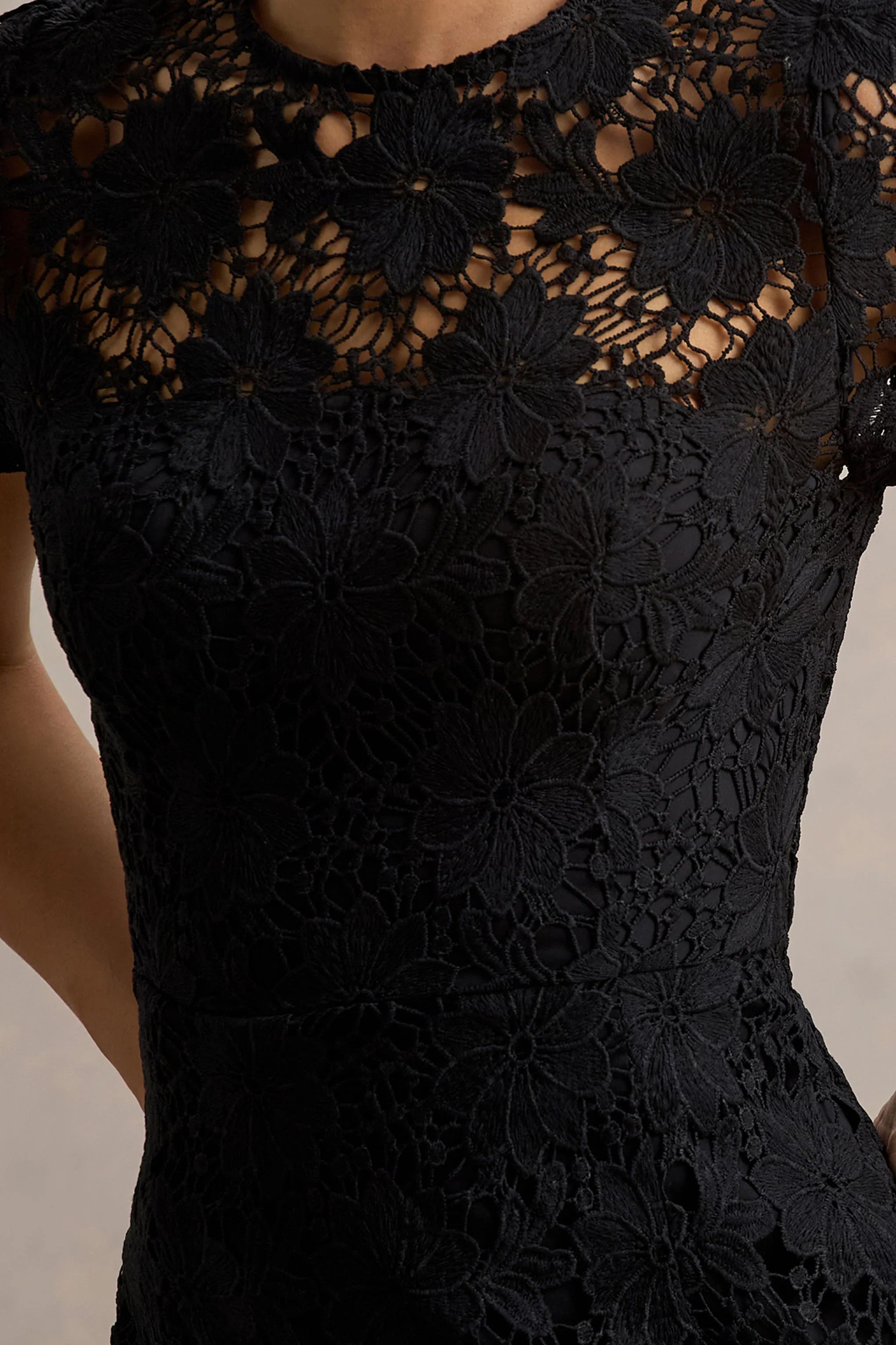 Clarissa Black Lace Short Sleeve Midi Dress
