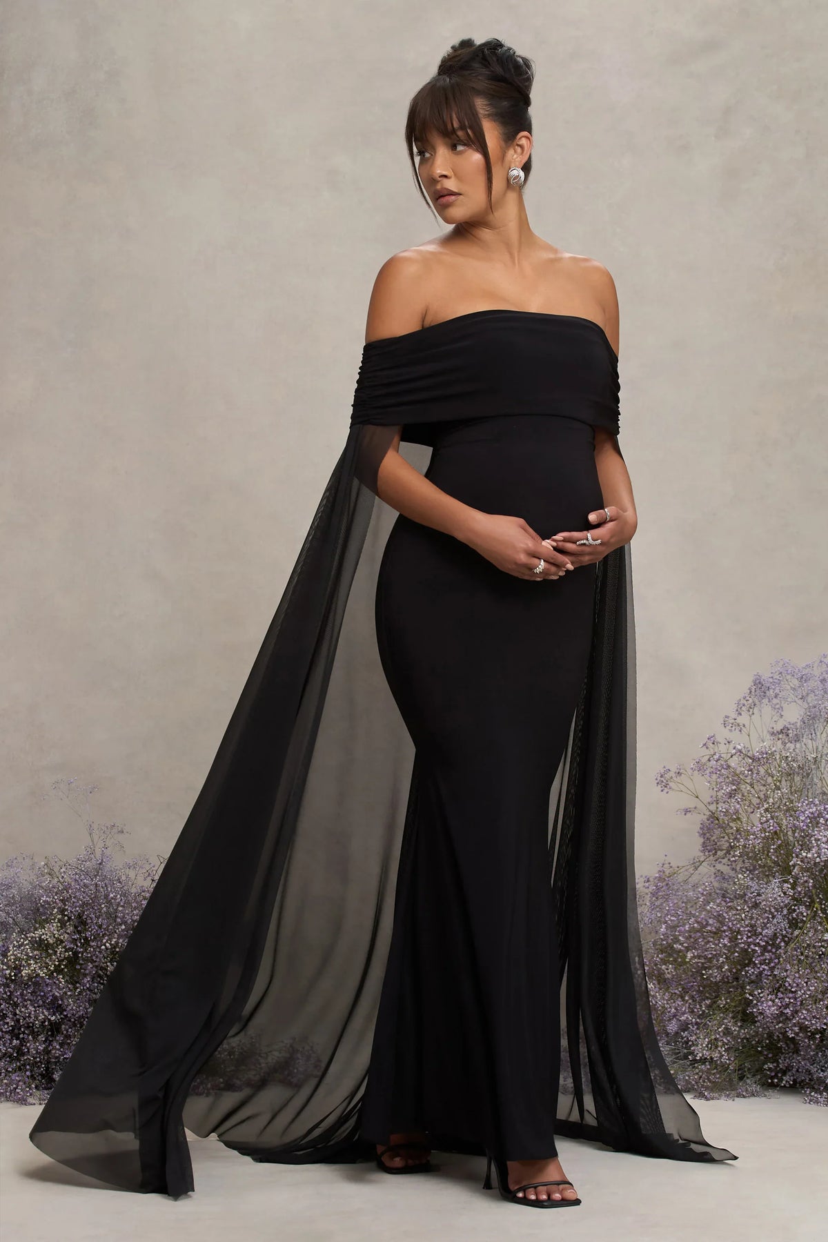 Carlotta Black Bardot Maternity Maxi Dress With Chiffon Cape