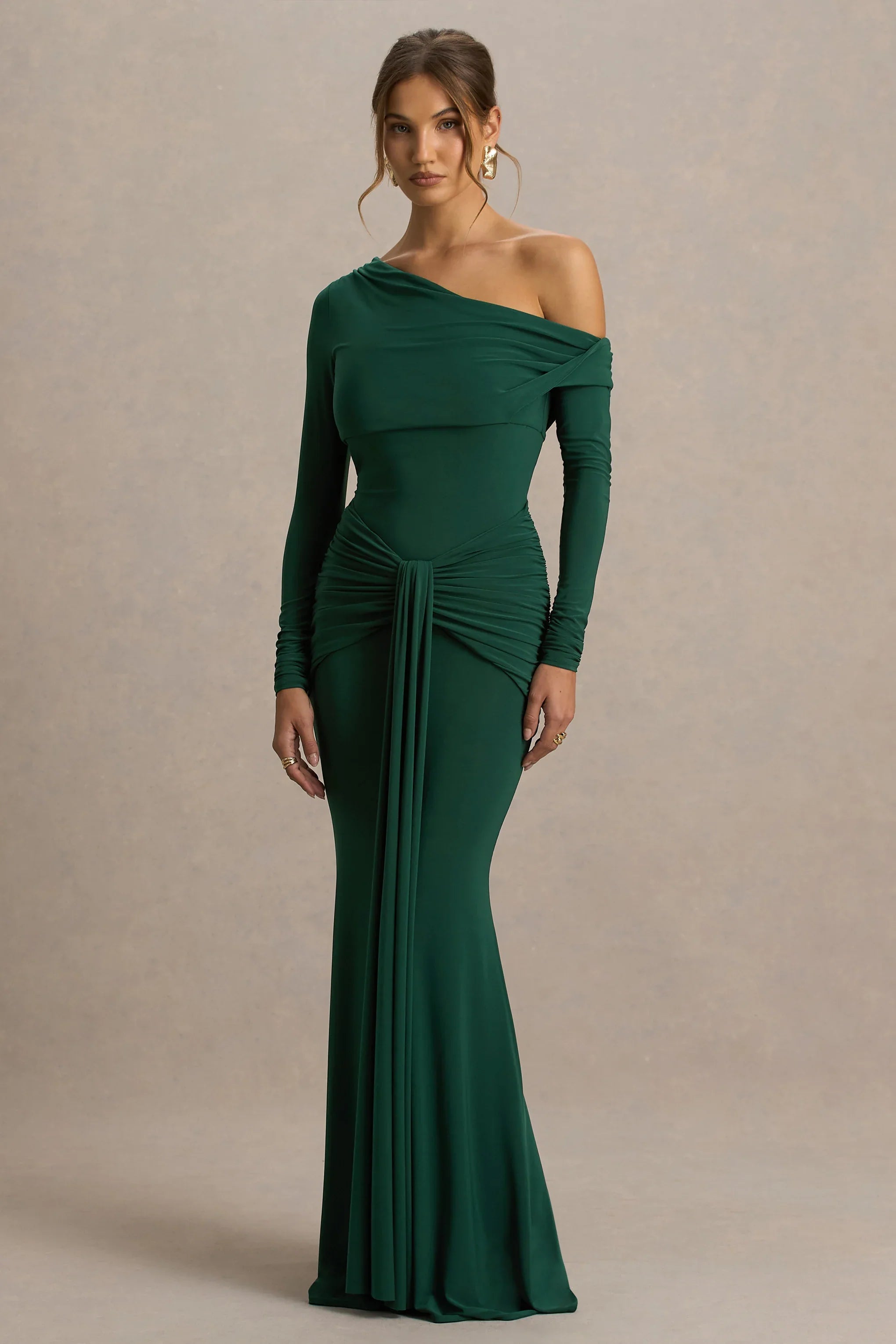 Clover Dark Green Asymmetric Neck Wrapped Maxi Dress With Sash