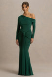 Clover Dark Green Asymmetric Neck Wrapped Maxi Dress With Sash