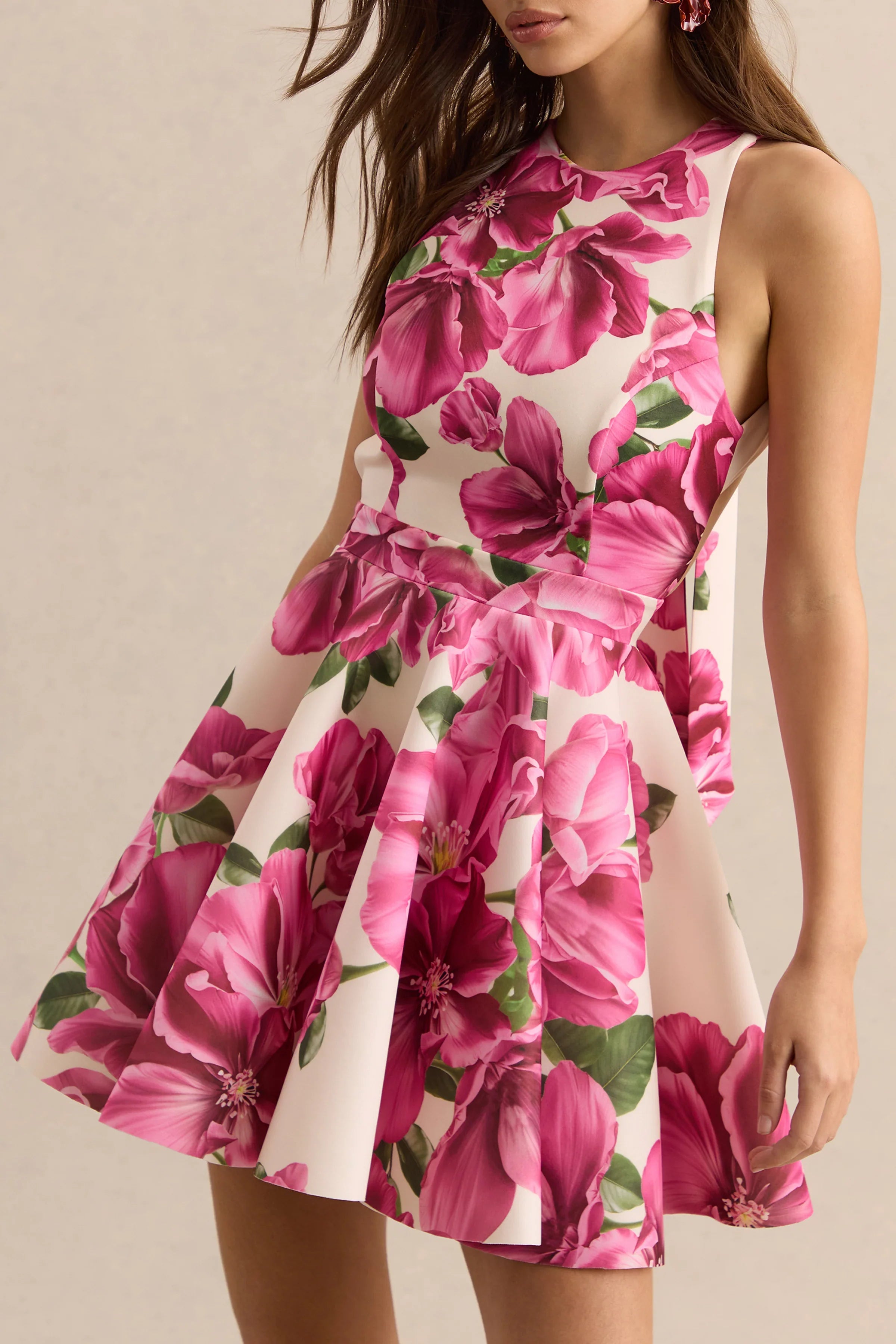 Waverly Pink Rose Print Racer Neck Sleeveless Skater Mini Dress