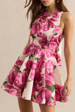 Waverly Pink Rose Print Racer Neck Sleeveless Skater Mini Dress