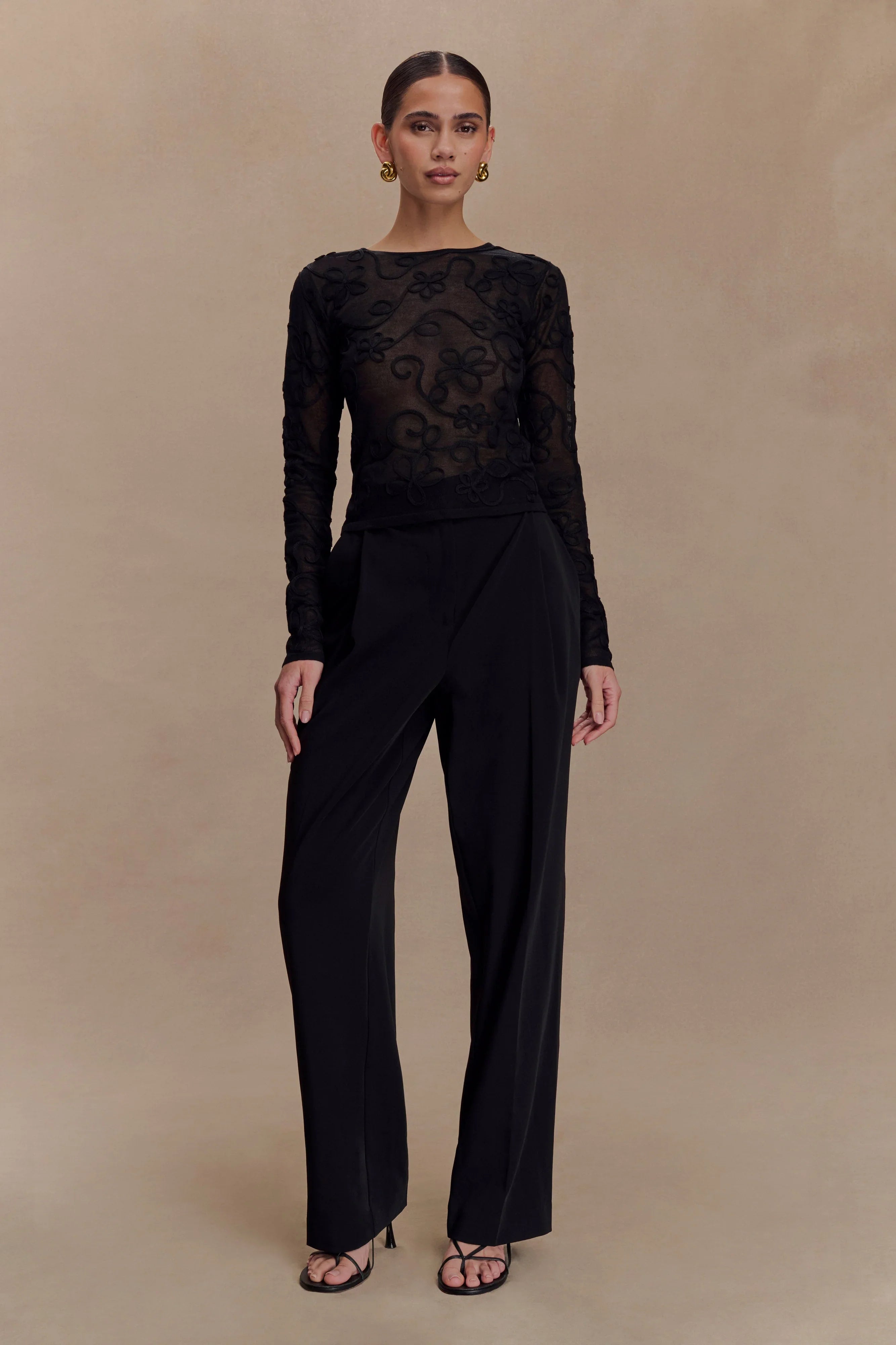 Omari Embroidery Long Sleeve Knit Top Black
