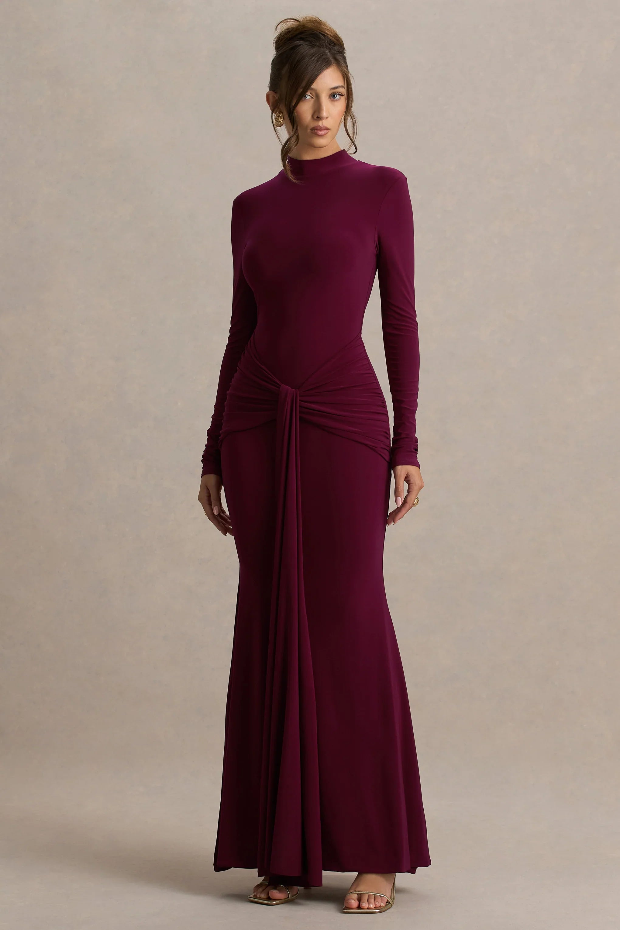Pietra Berry High Neck Long Sleeve Knot Maxi Dress
