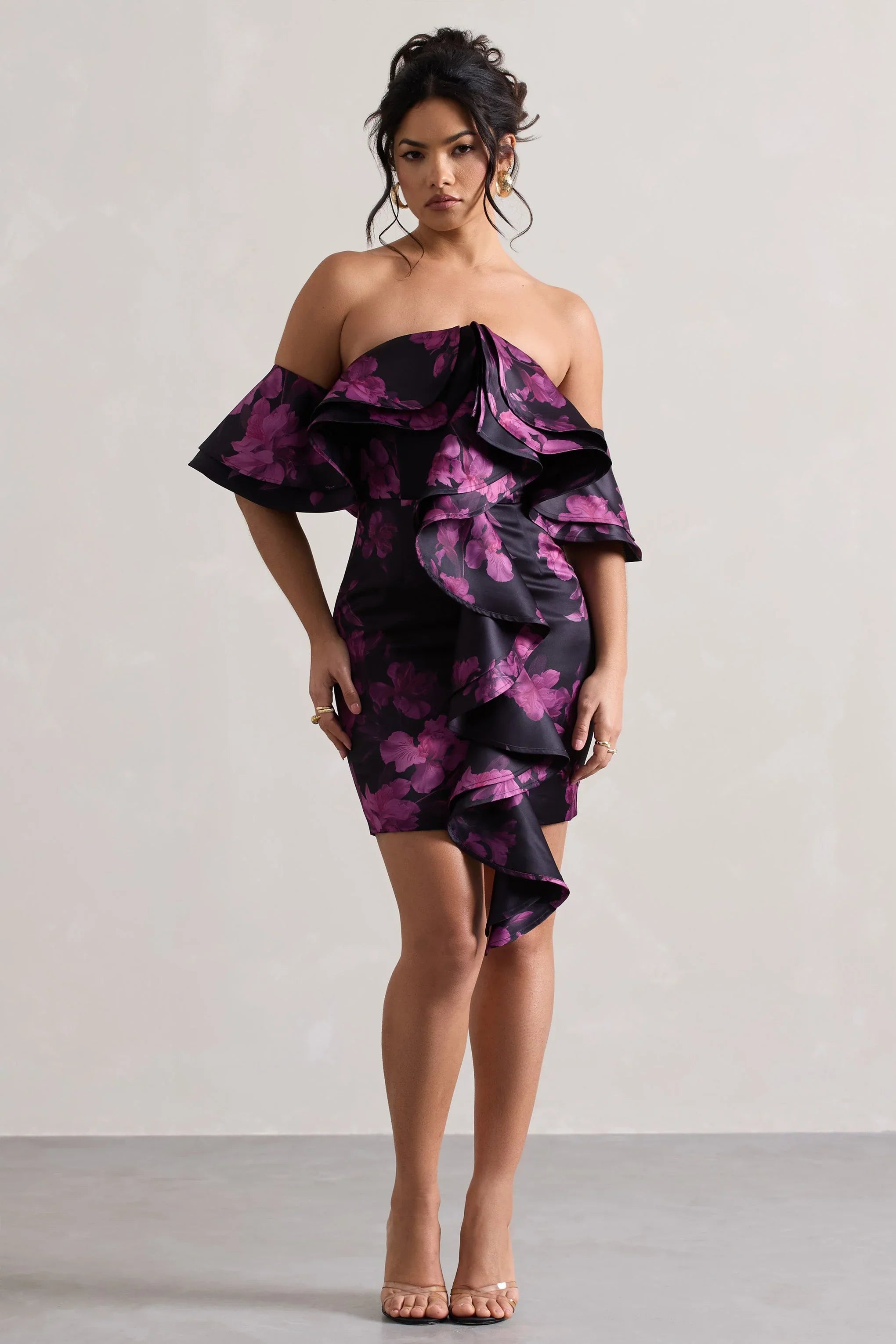 Aspen Black Floral Print Bardot Mini Dress With Ruffles