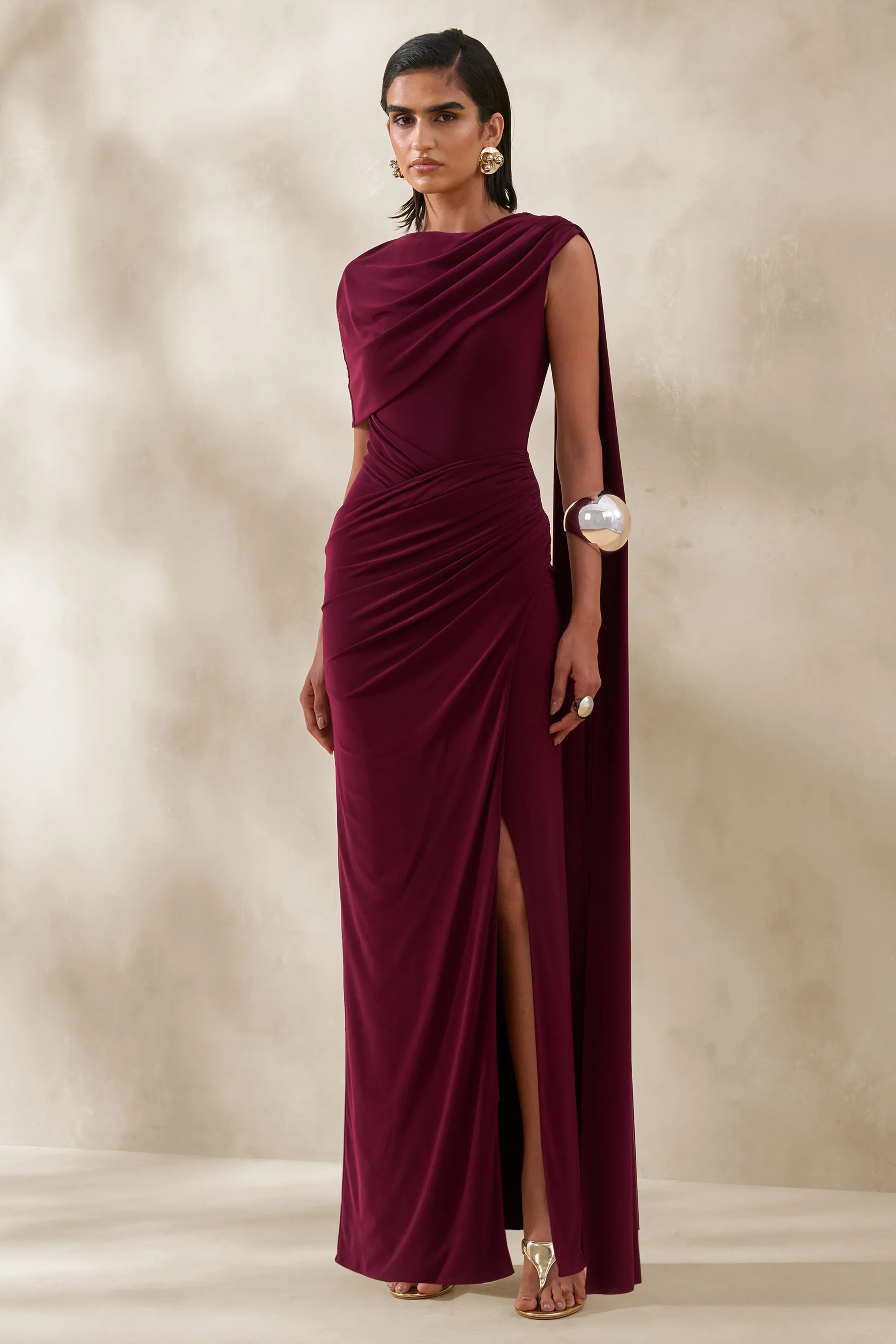 Palomara Burgundy Round Neck Maxi Dress With Sash And Front High Split