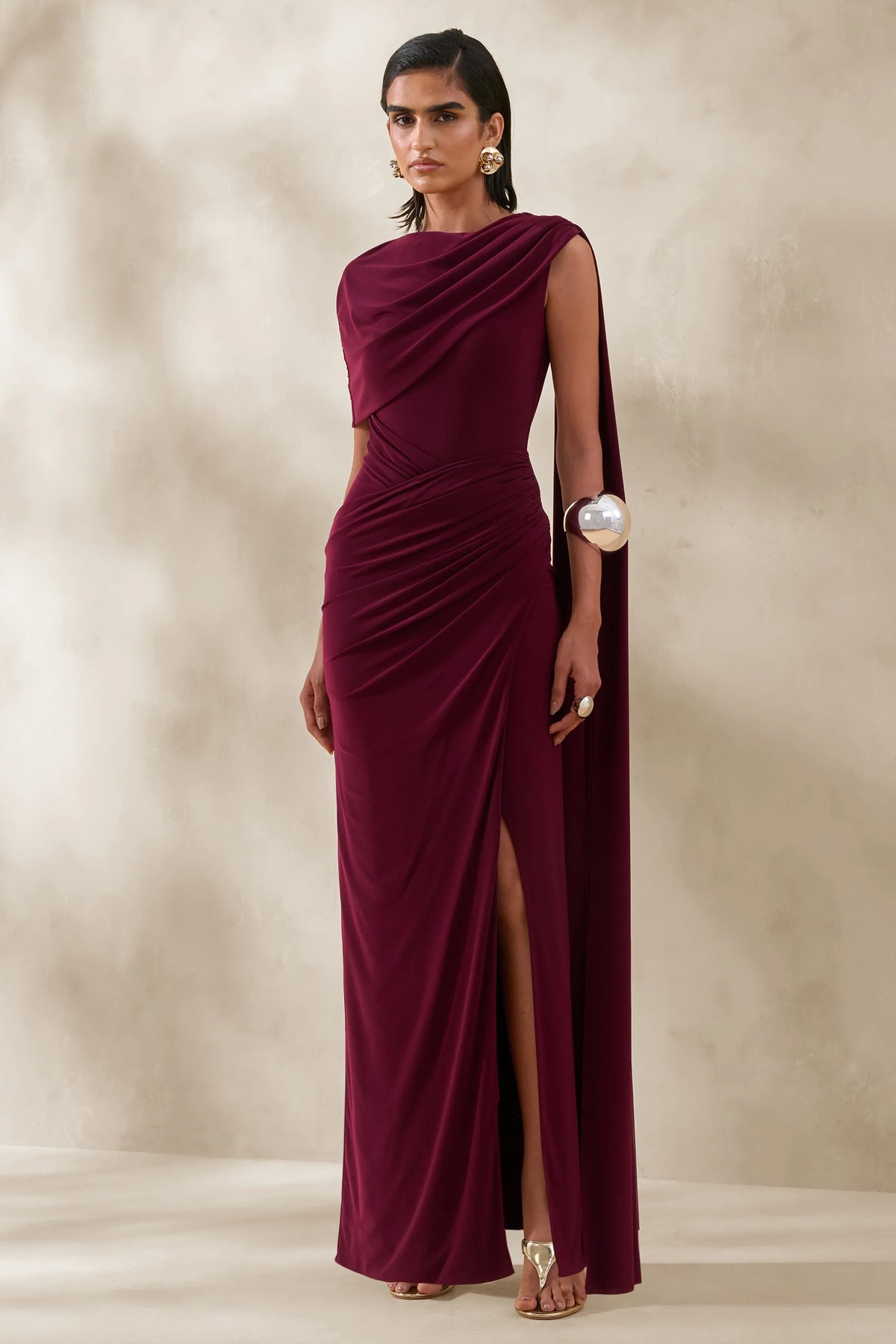 Palomara Burgundy Round Neck Maxi Dress With Sash And Front High Split