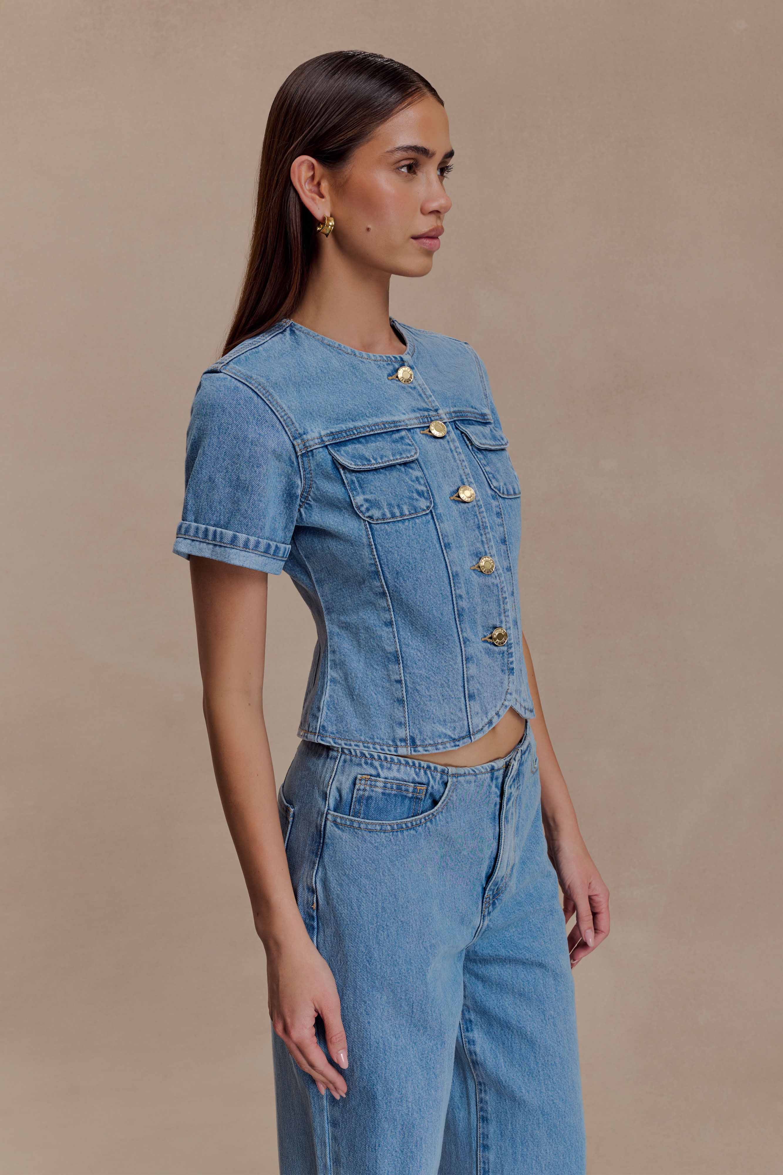 Marge Fitted Denim Short Sleeve Top Classic Blue