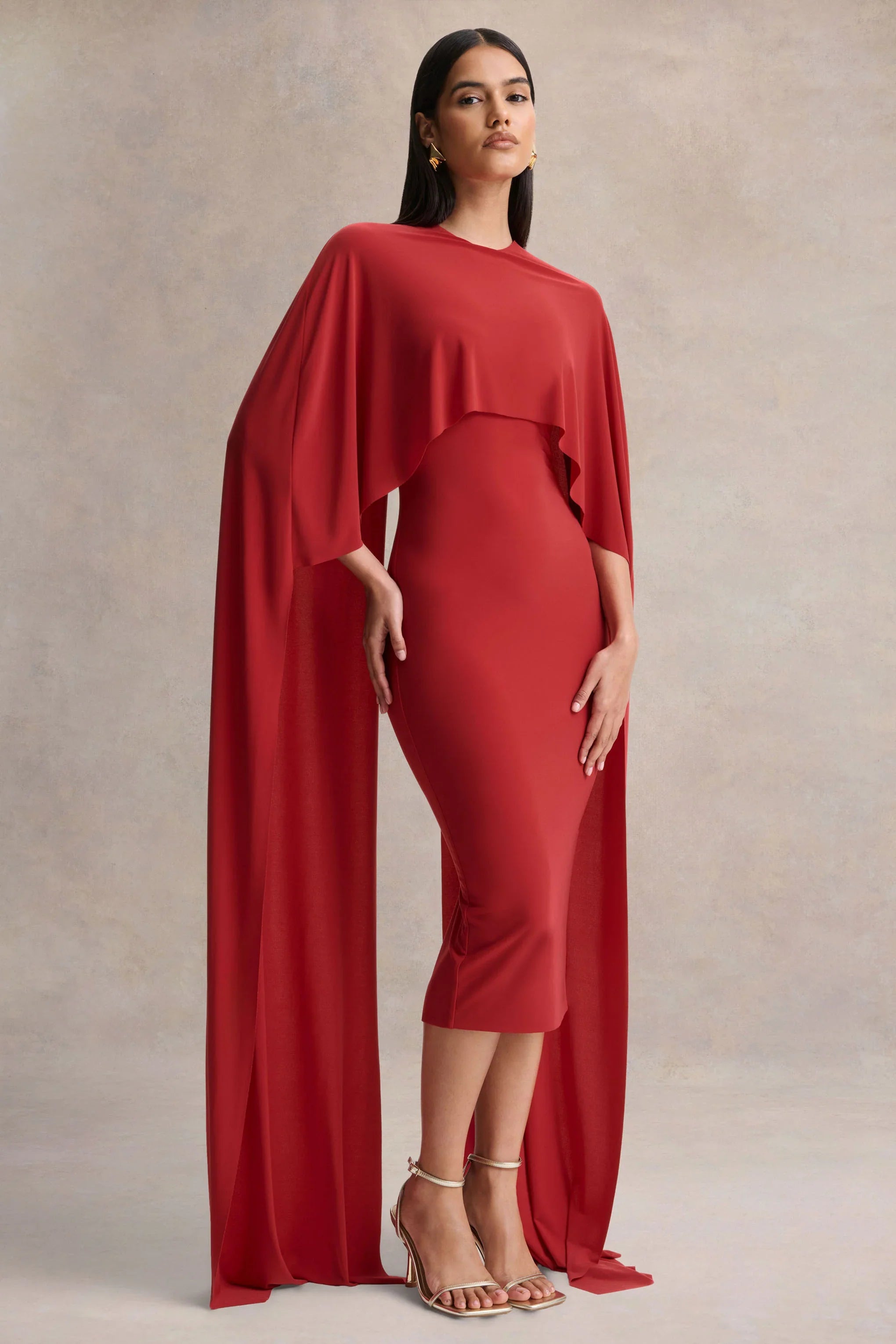 Kalani Red Crew Neck Midi Dress With Cape Sleeves