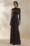Trisara Brown Asymmetric Neck Maxi Dress With Gathered Detailing And Sash