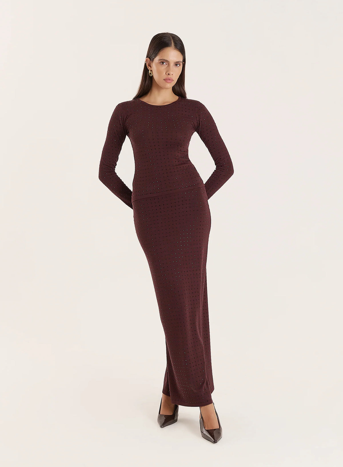 Chocolate Knitted Embellished Maxi Skirt