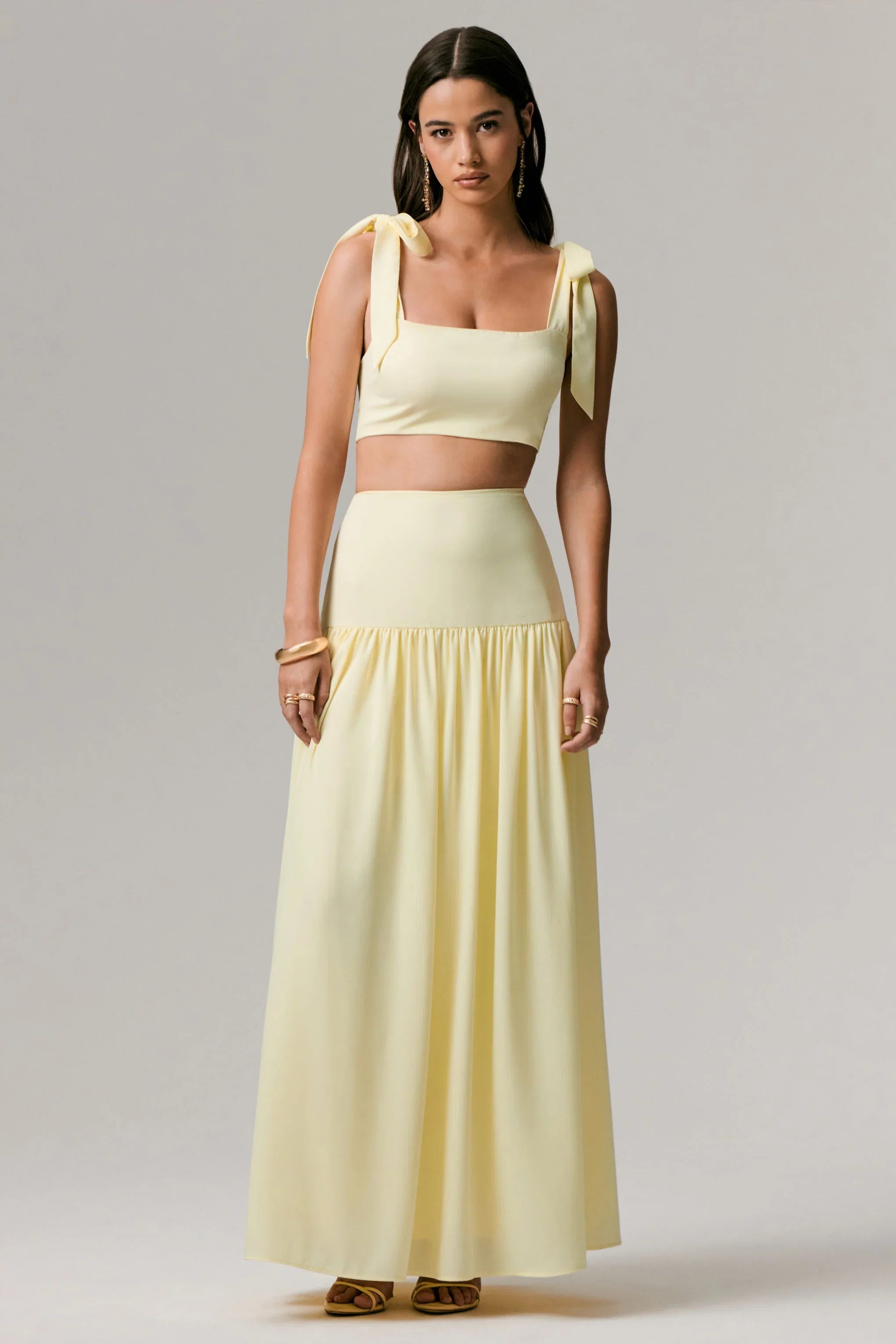 Reminiscent Lemon Ruched Maxi Skirt