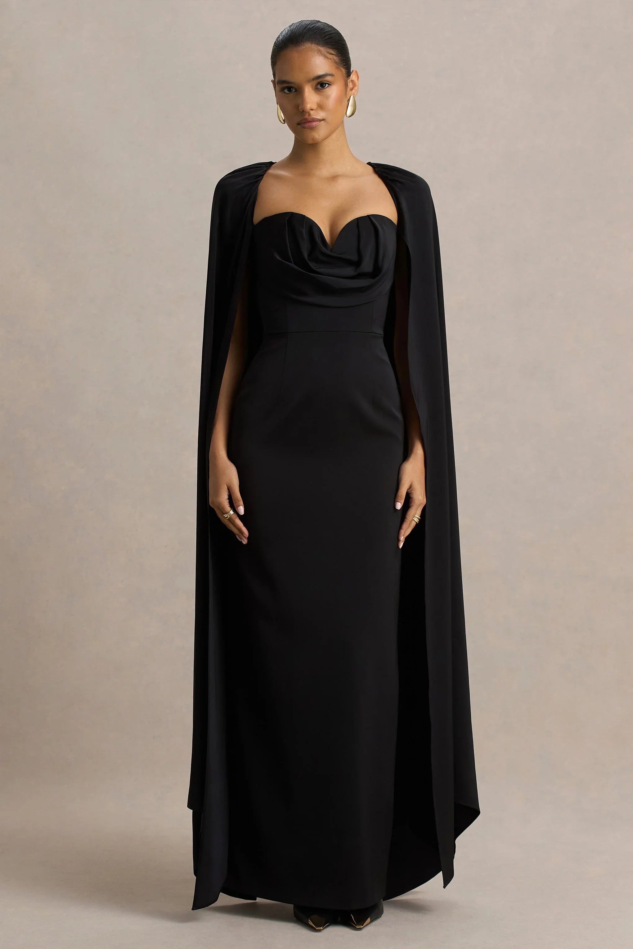 Wren Black Satin Sweetheart Neck Maxi Dress With Cape Sleeves