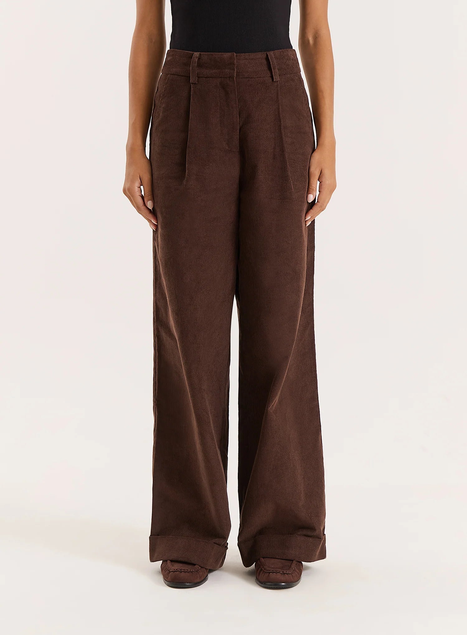 Chocolate Belted Turn Up Cord Wide Leg Trousers Hughes