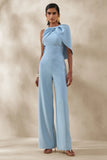 Quinley Powder Blue Asymmetric Neck Jumpsuit With Cape Sleeve