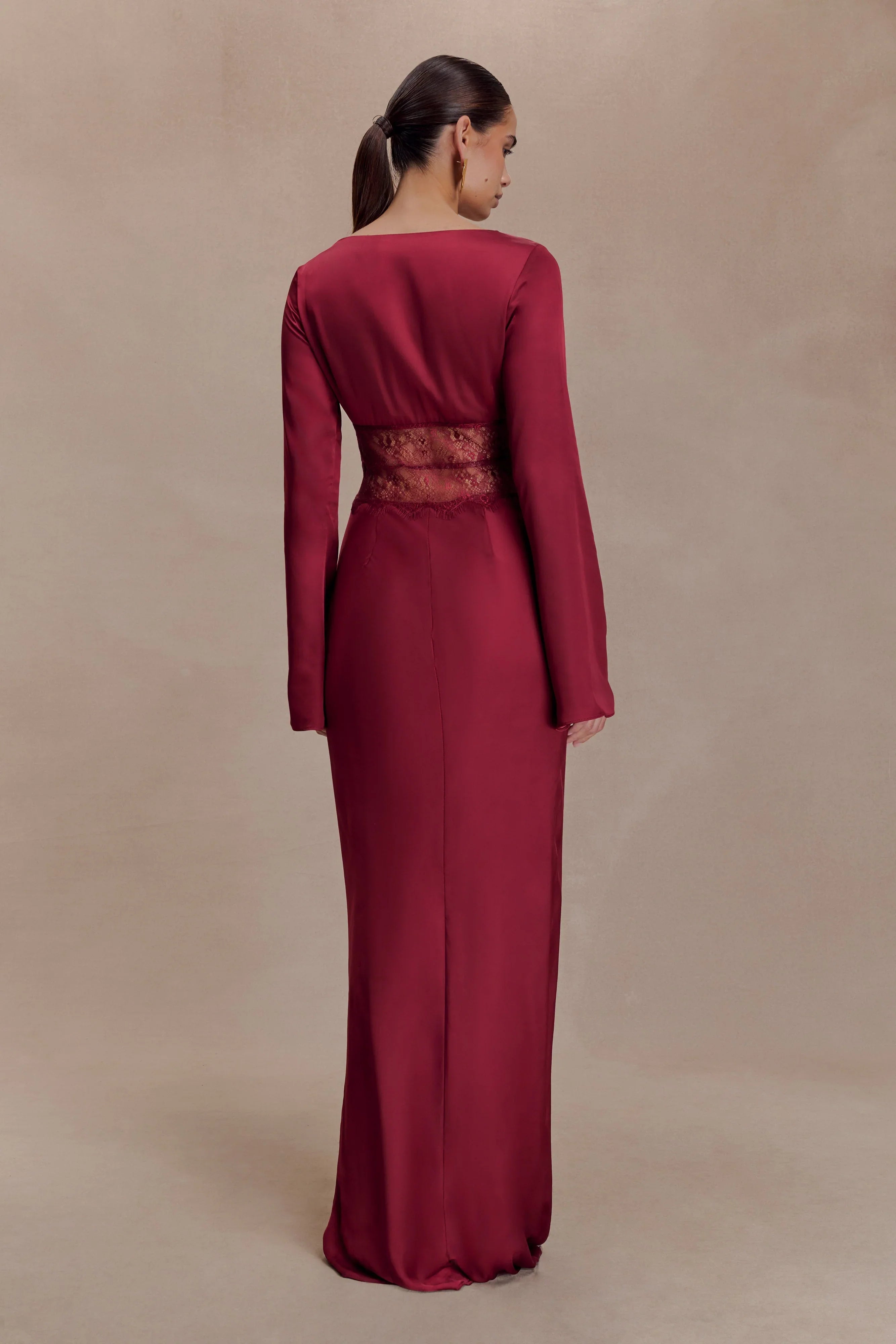 Kaya Long Sleeve Satin And Mesh Maxi Dress Wine