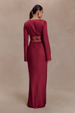 Kaya Long Sleeve Satin And Mesh Maxi Dress Wine