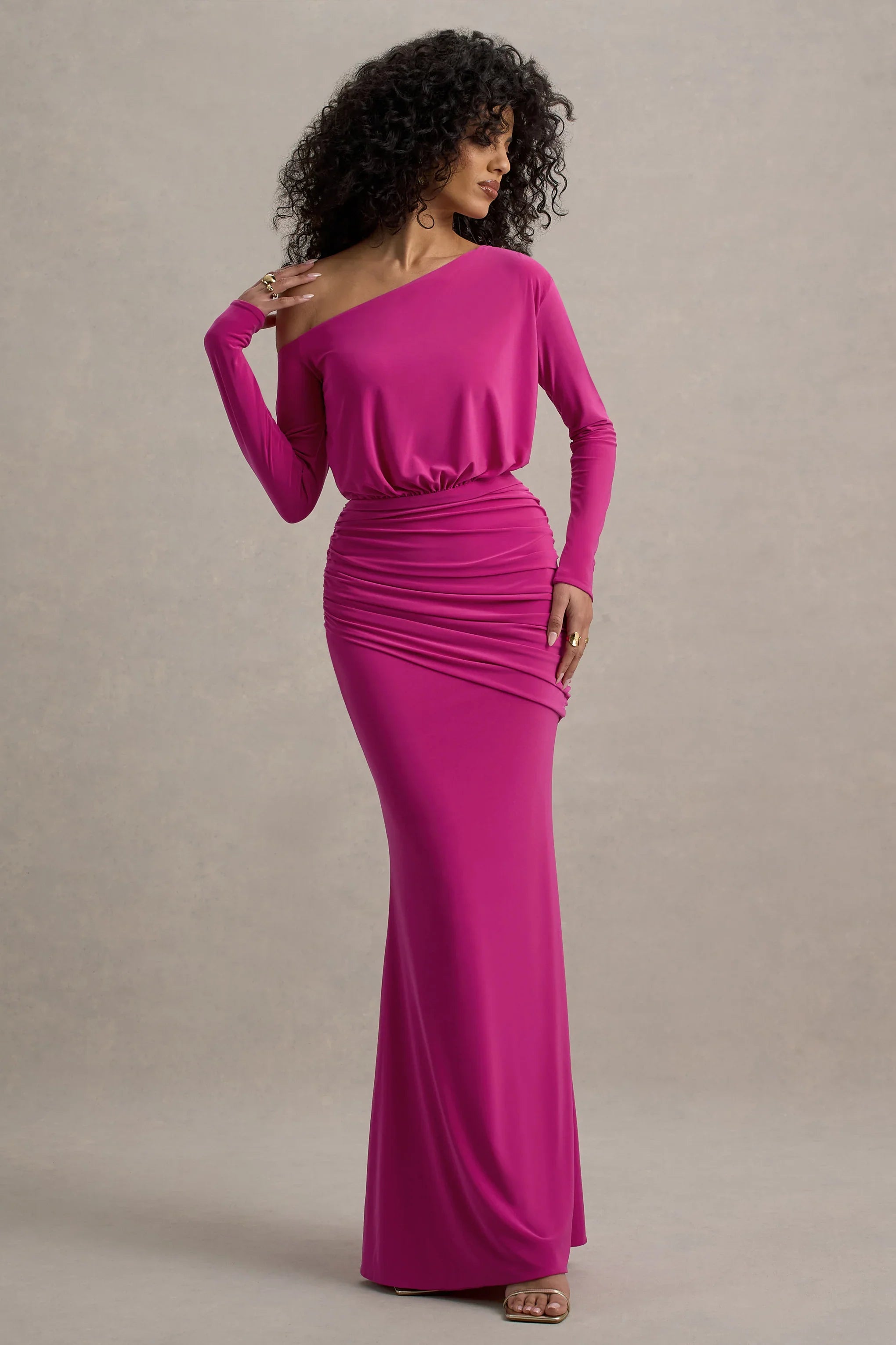Deanna Hot Pink Asymmetric Long Sleeve Ruched Maxi Dress