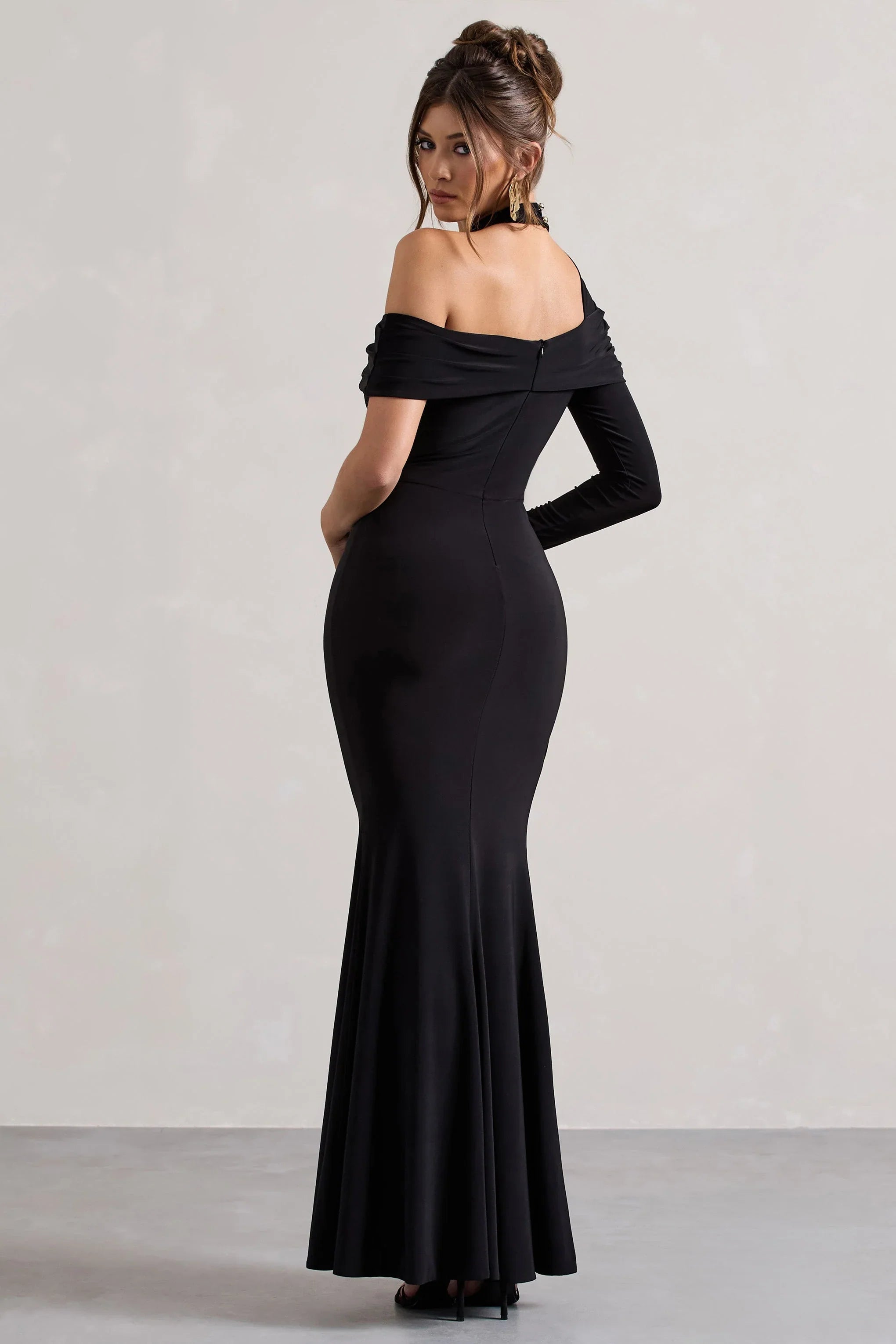 Tyla Black Asymmetric High Neck Split Maxi Dress