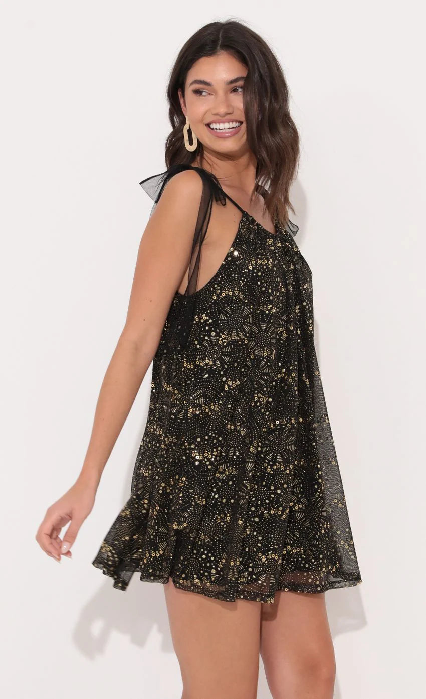 Shoulder Tie Dress in Shimmer Black