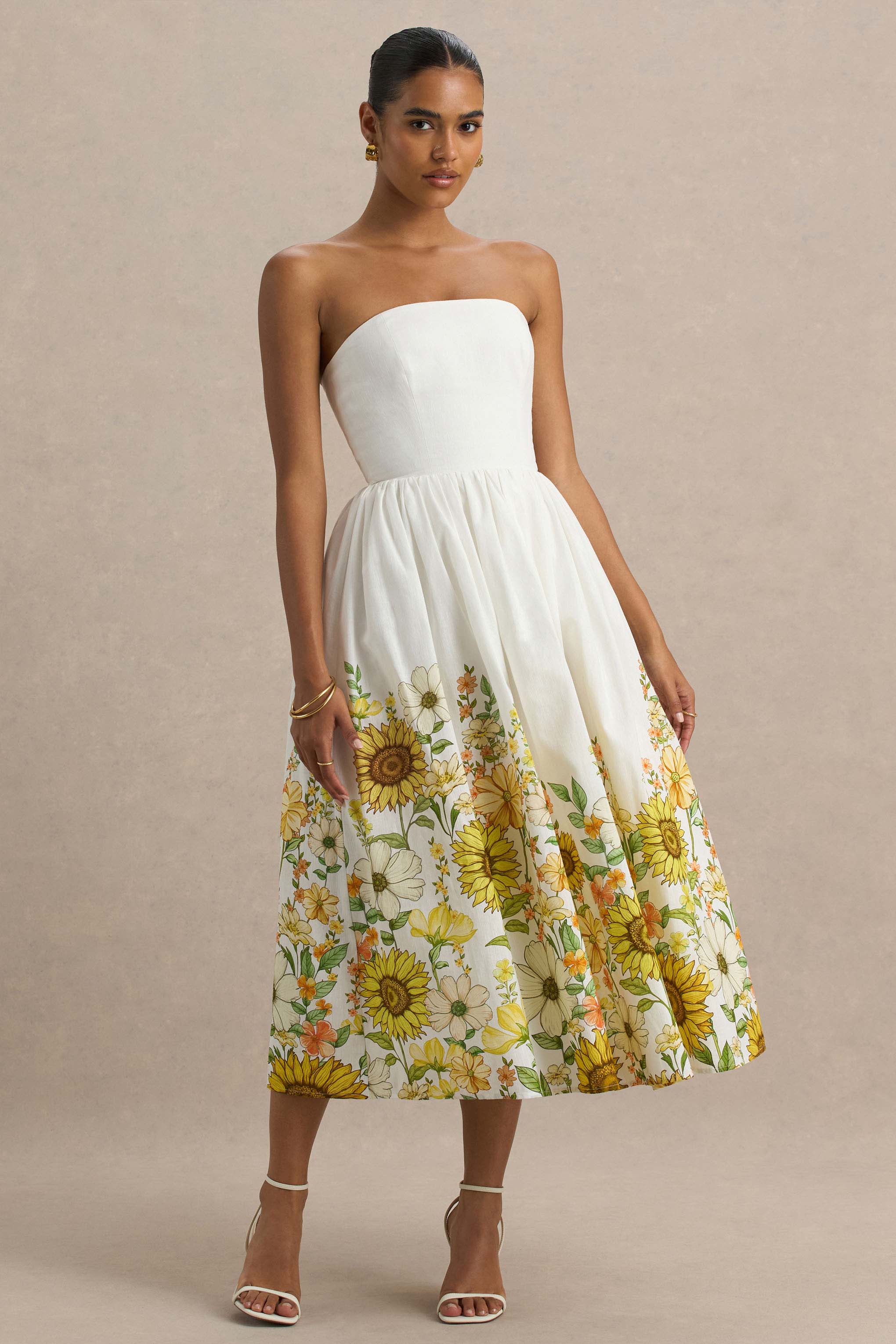 Ivory Sunflower Print Bandeau High Low Midi Dress