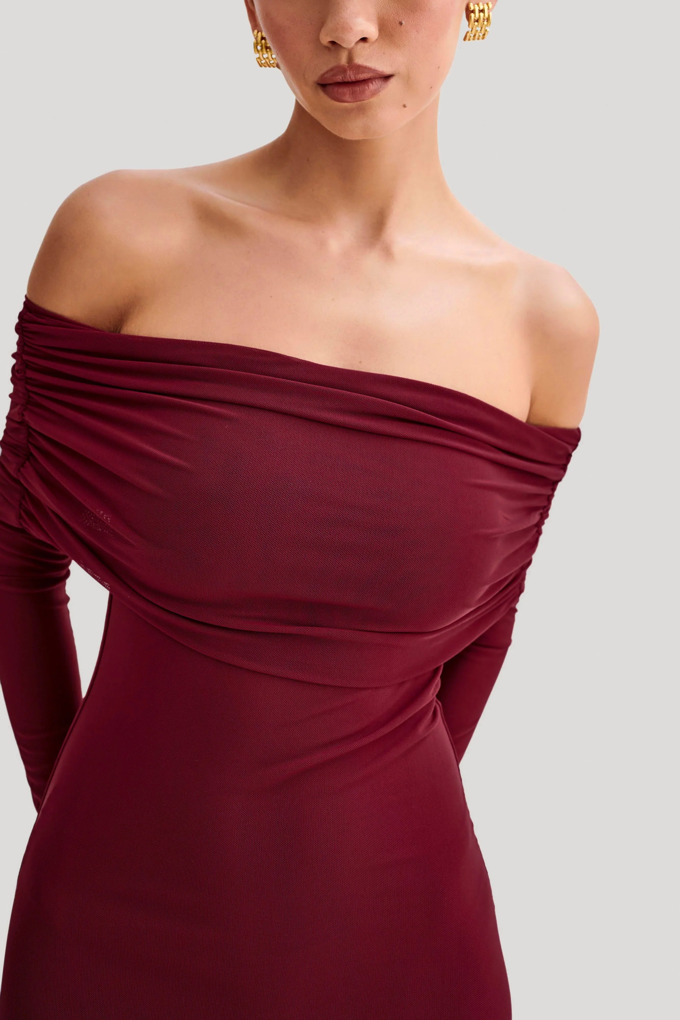 Josie Off Shoulder Mesh Maxi Dress Wine