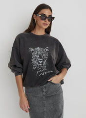 Black Acid Wash Leopard Motif Oversized Sweatshirt