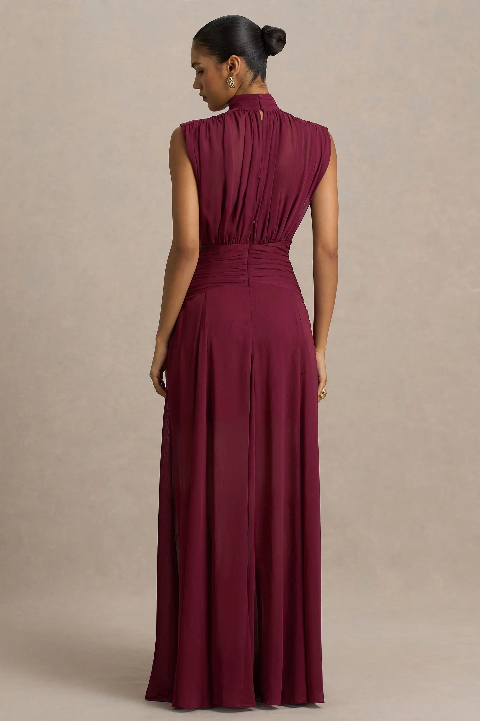 Melanina Burgundy High Neck Maxi Dress With Ruched Detailing