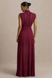 Melanina Burgundy High Neck Maxi Dress With Ruched Detailing