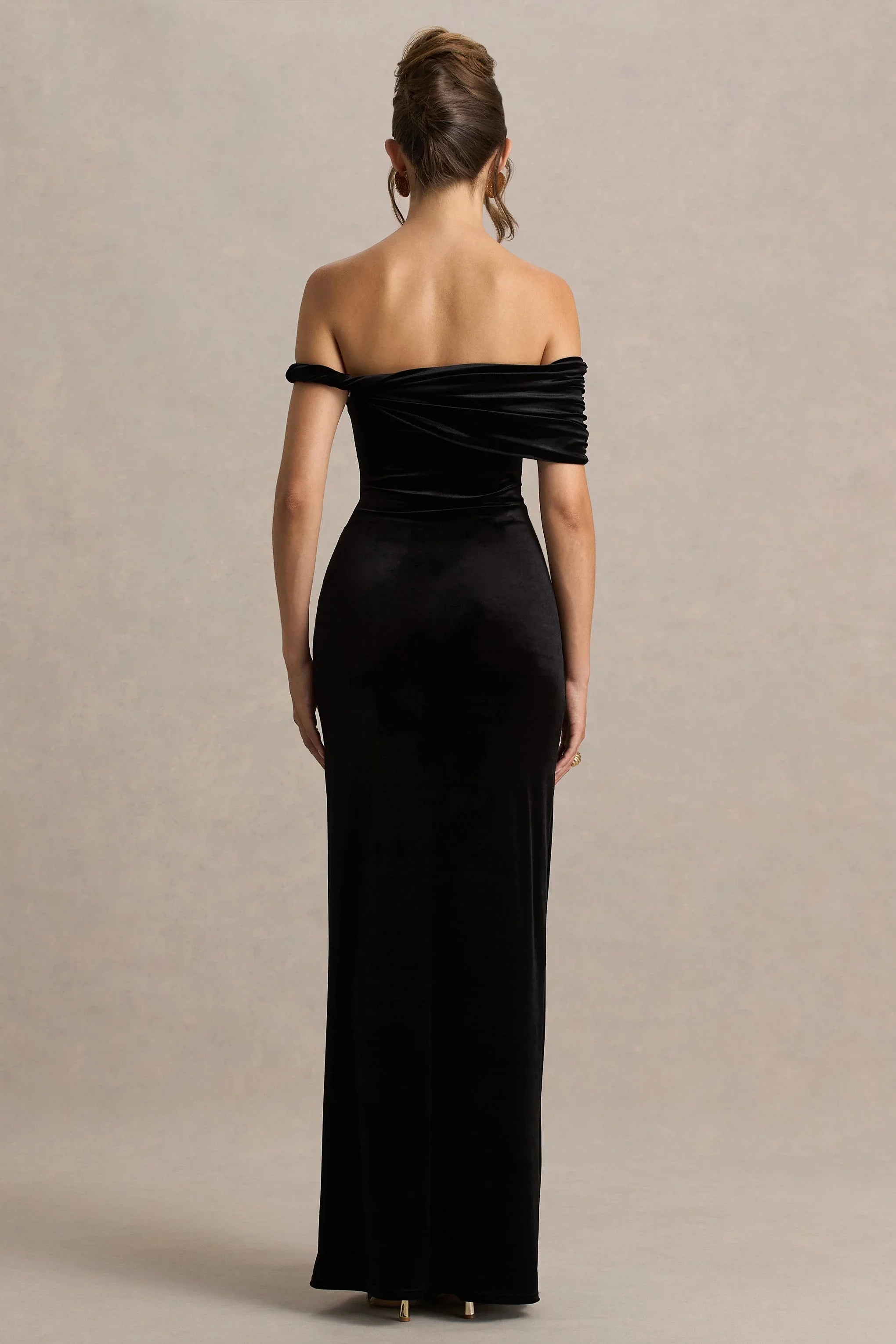 Poised Black Velvet Bardot Neck Maxi Dress With Twist Sleeve