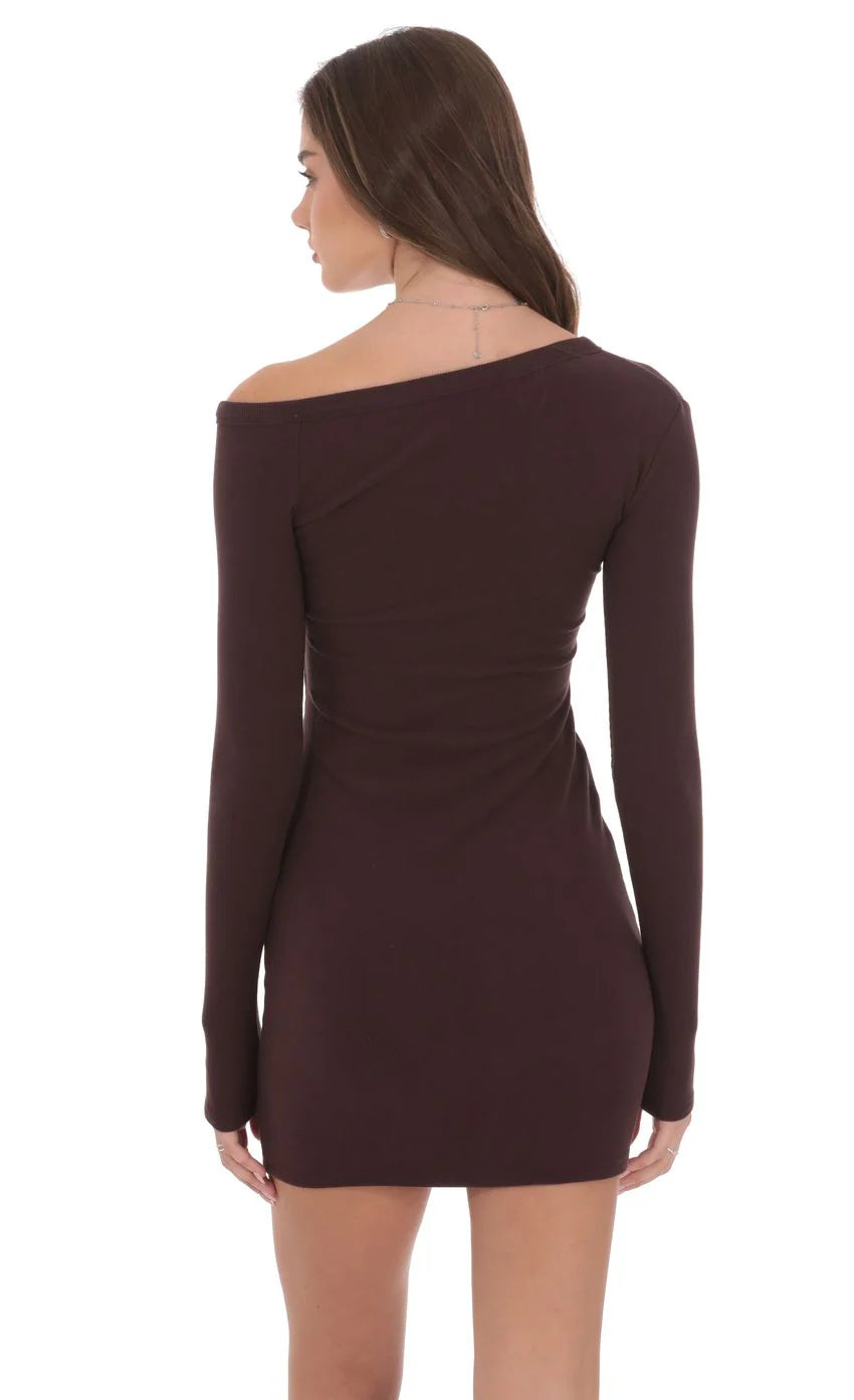 Off Shoulder Henley Dress in Brown