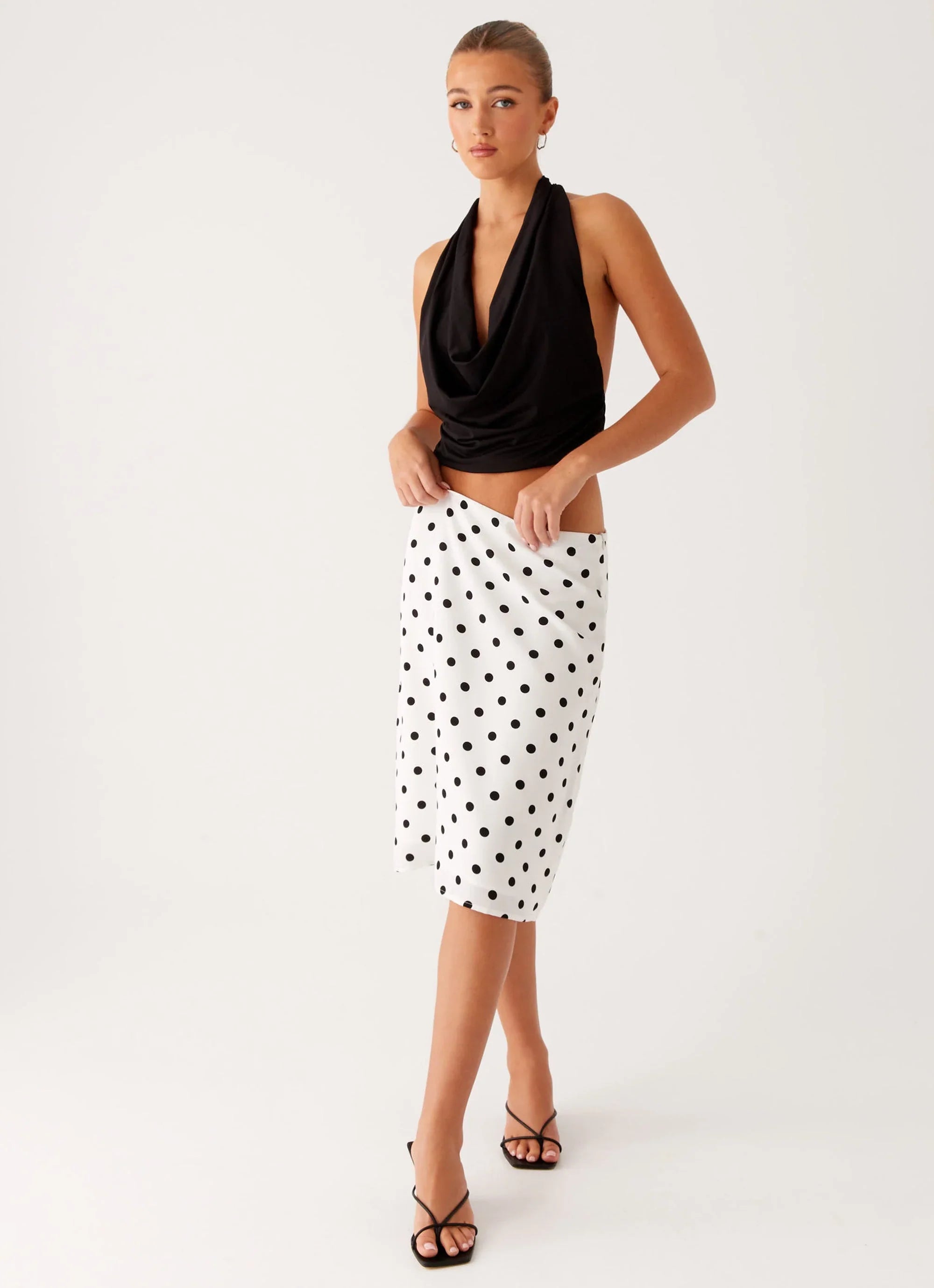 Evoke Chiffon Midi Skirt White Polka Dot