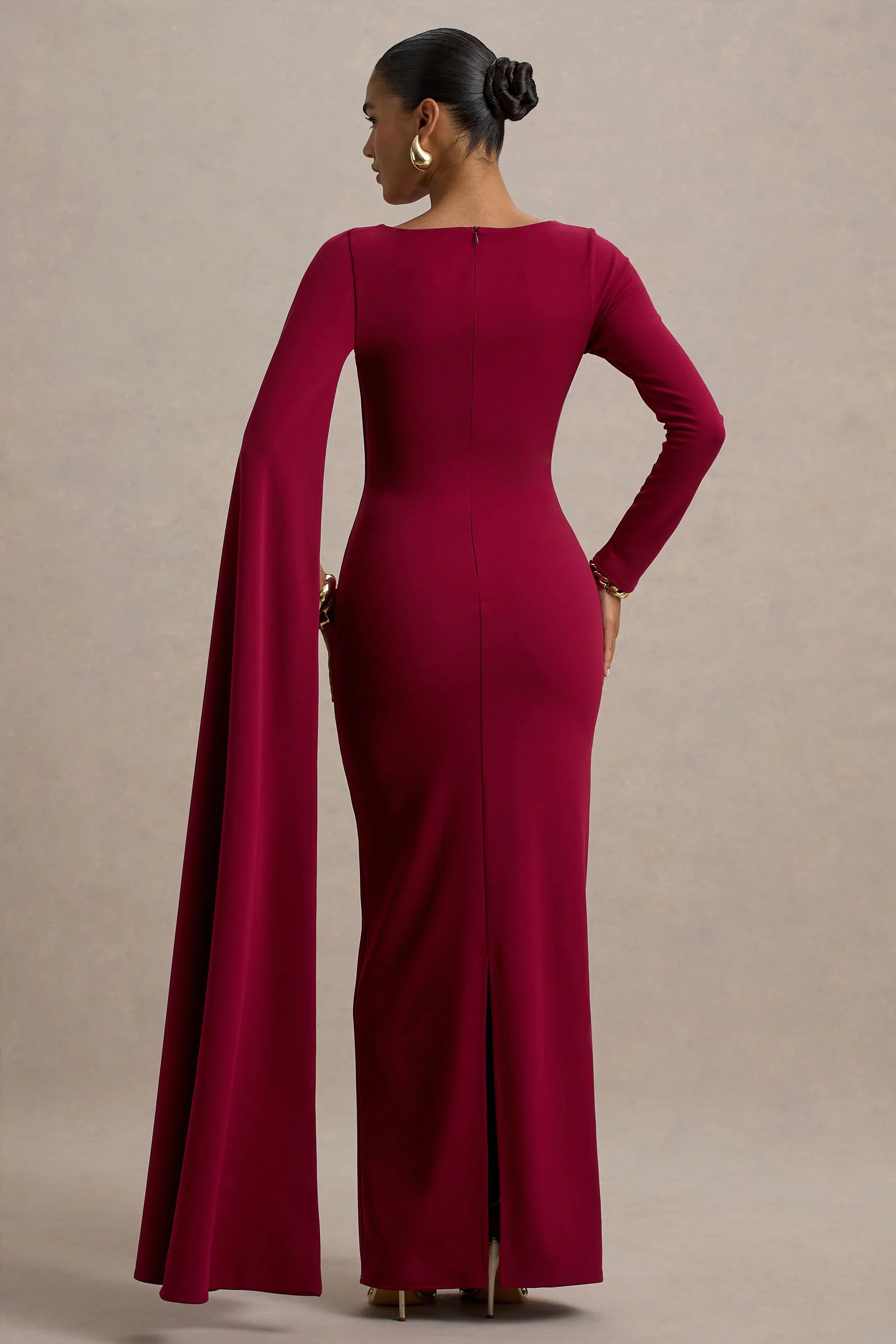 Frances Burgundy High Neck Maxi Dress With Cape Detail