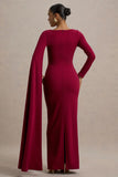 Frances Burgundy High Neck Maxi Dress With Cape Detail