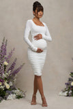 New Life White Maternity Square Neck Ruched Midi Dress
