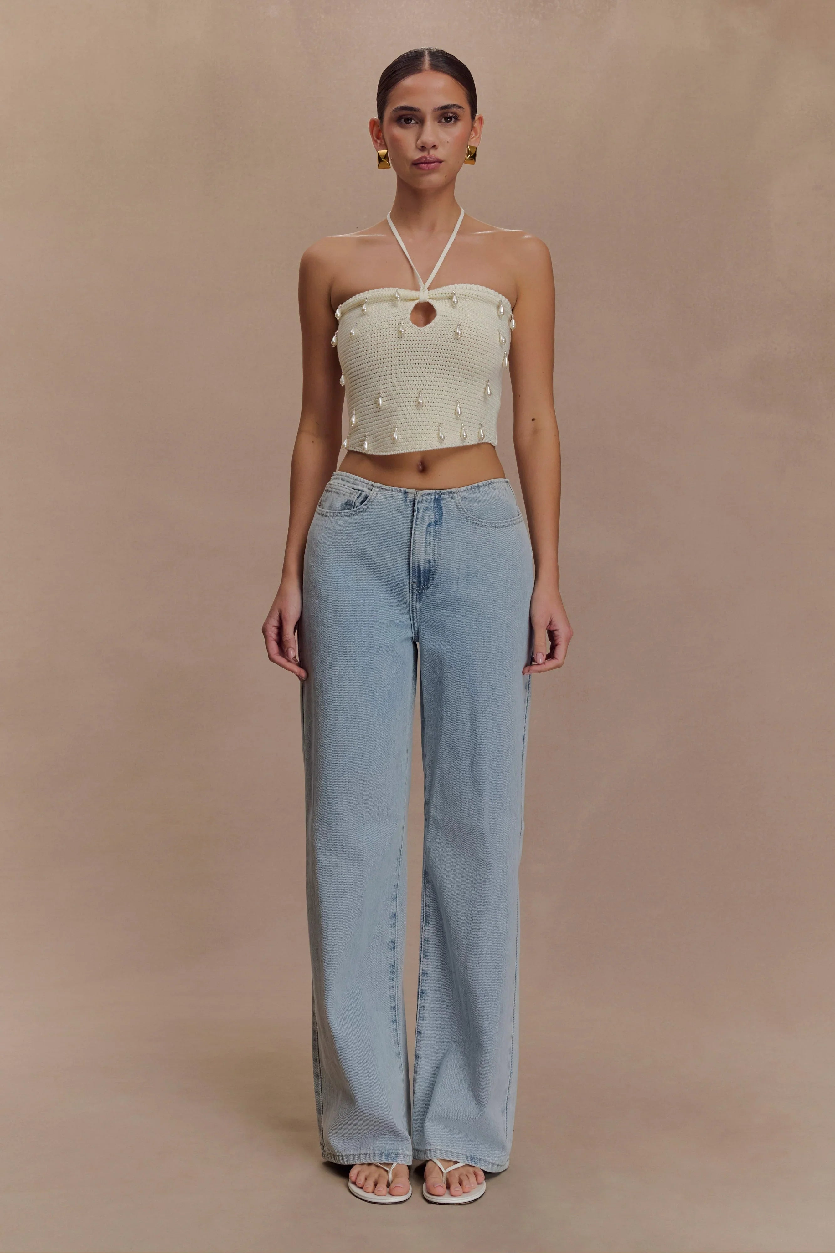 Aletta Knit Pearl Halter Top Ivory