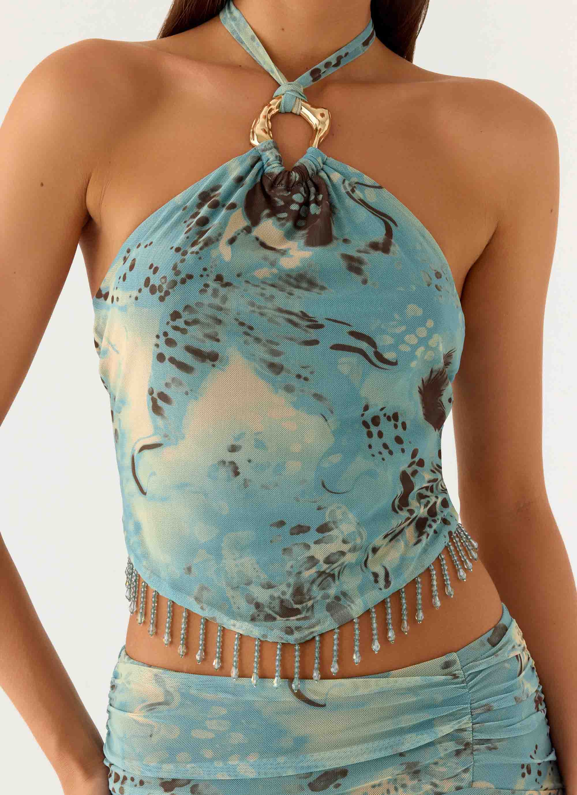 Lloyd Beaded Halter Top Aqua Blur