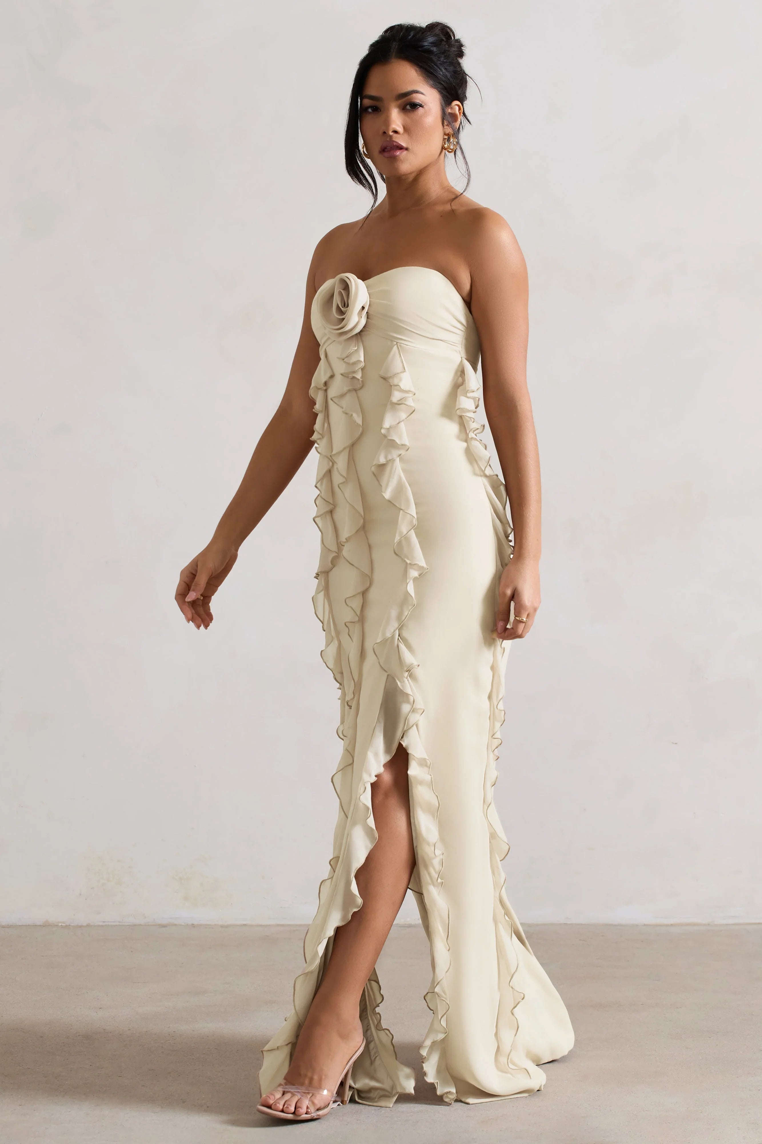 Gardenia Champagne Strapless Ruffle Maxi Dress With Corsage