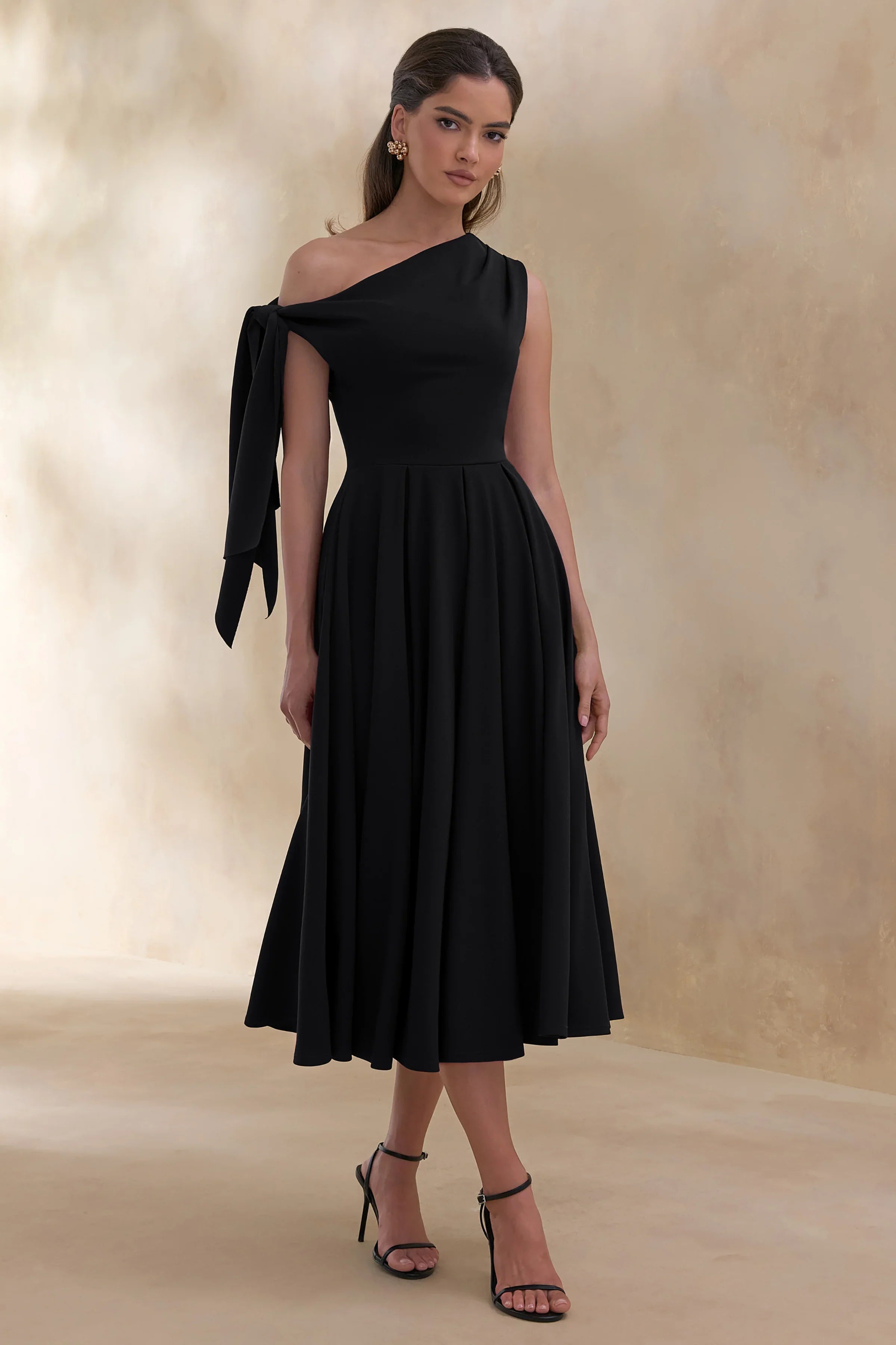 Daring Black Asymmetric Neck Midi Dress With Knot Detail