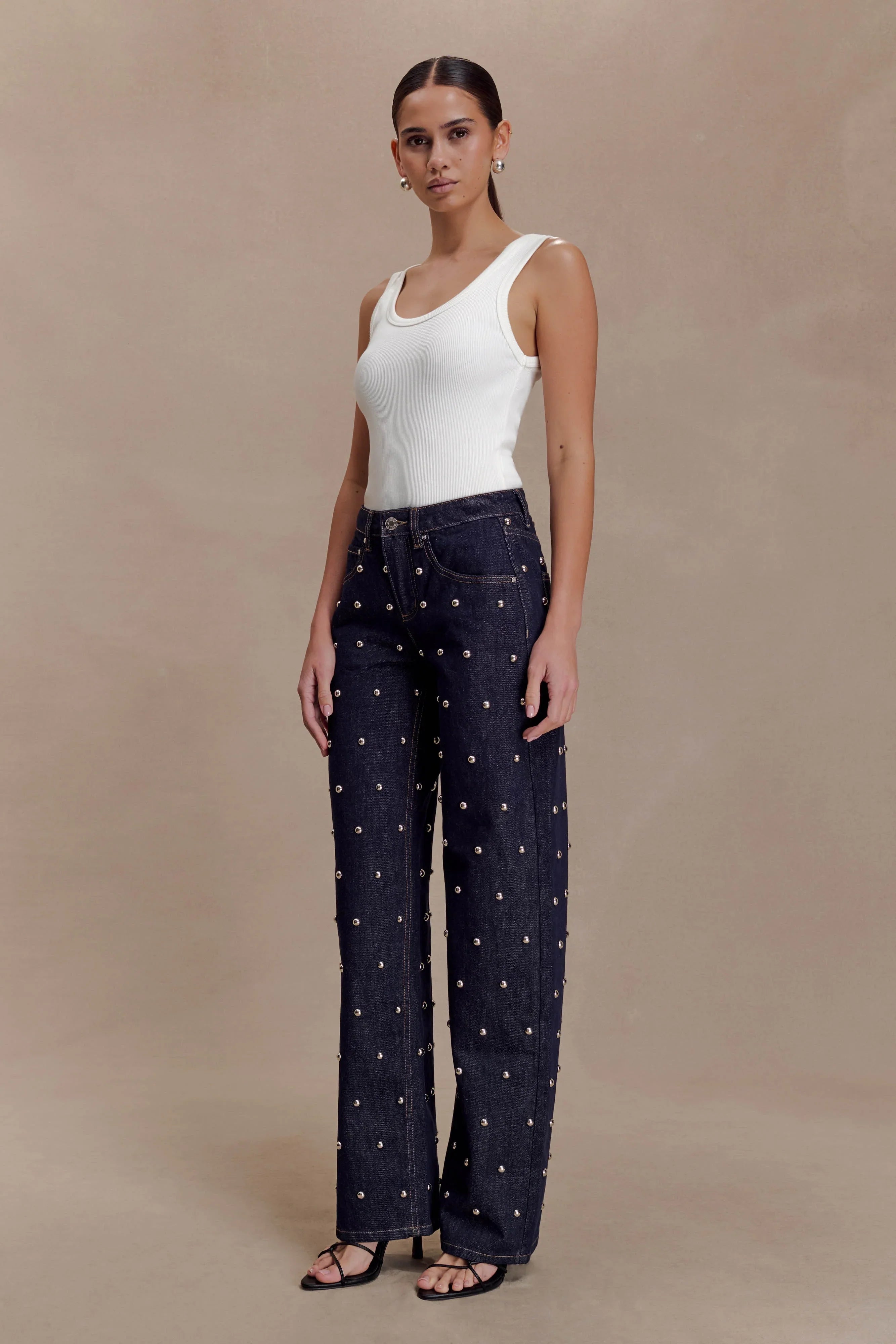 Alima Mid Rise Stud Denim Jeans Washed Indigo Blue