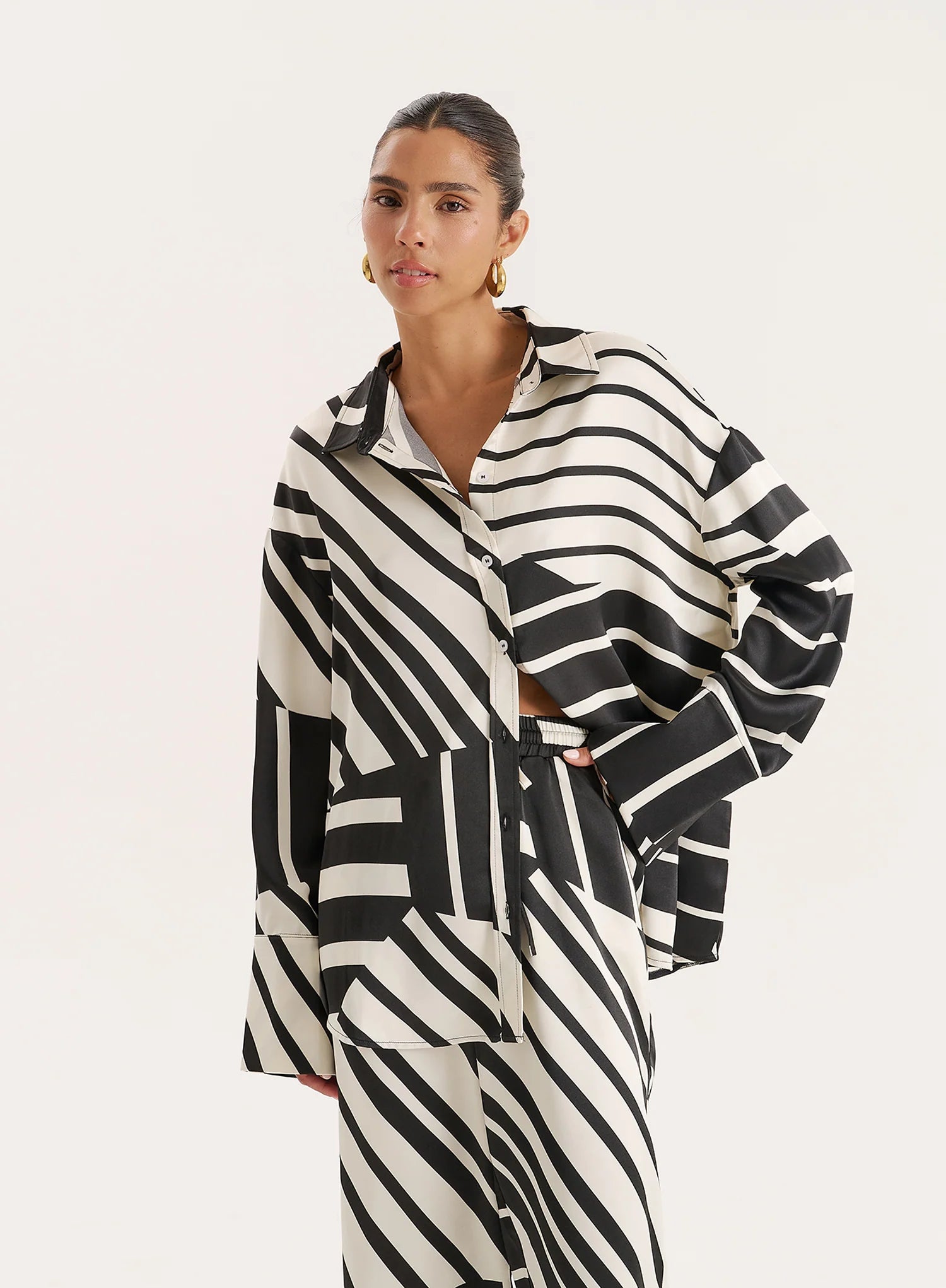 Black And White Abstract Print Satin Shirt