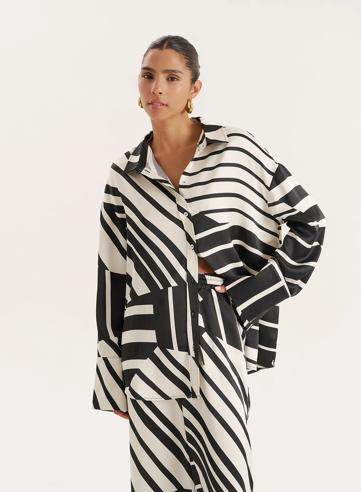 Black And White Abstract Print Satin Shirt