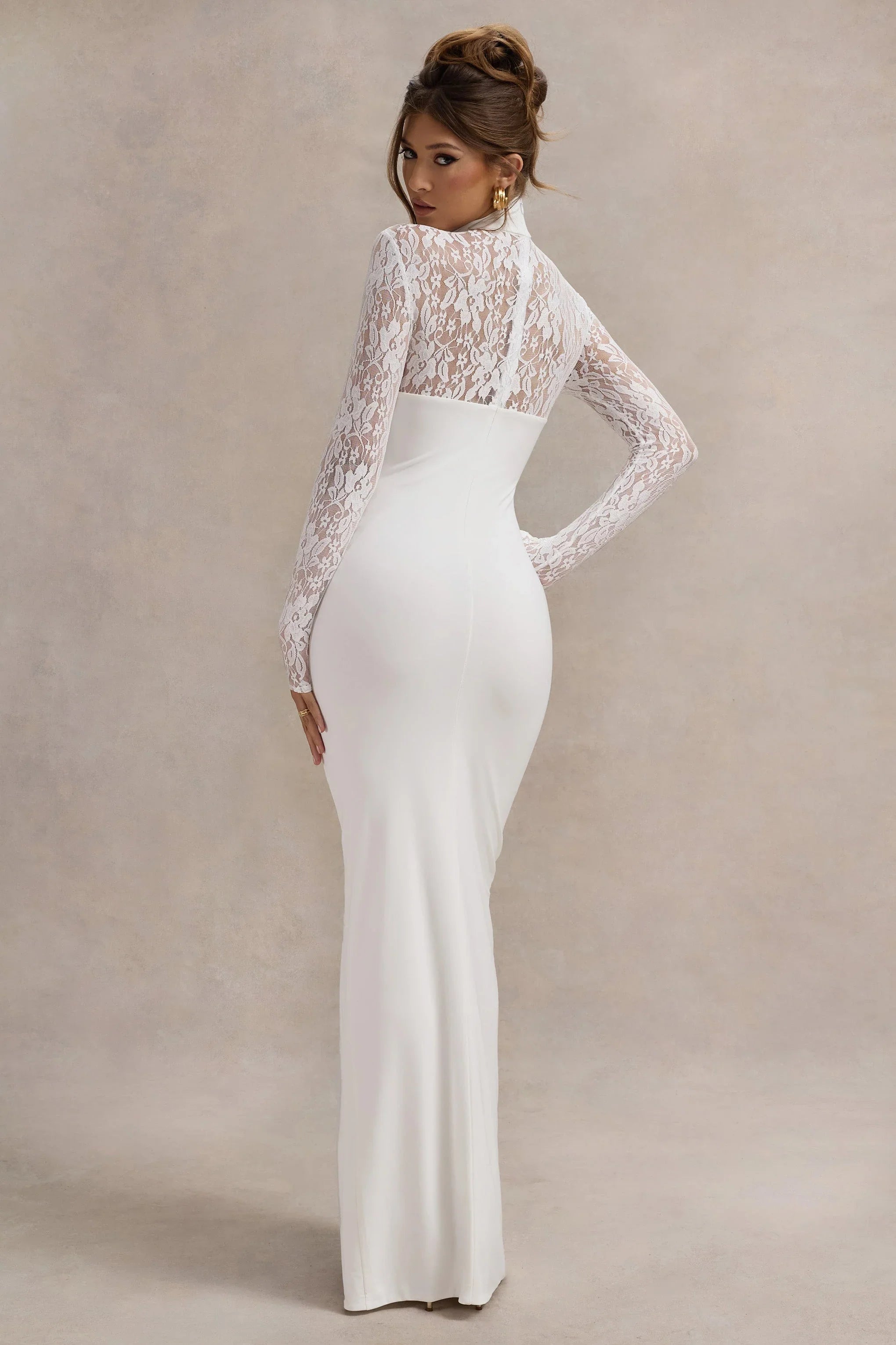 Arden White High Neck Split Maxi Dress With Lace Sleeves