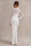 Arden White High Neck Split Maxi Dress With Lace Sleeves