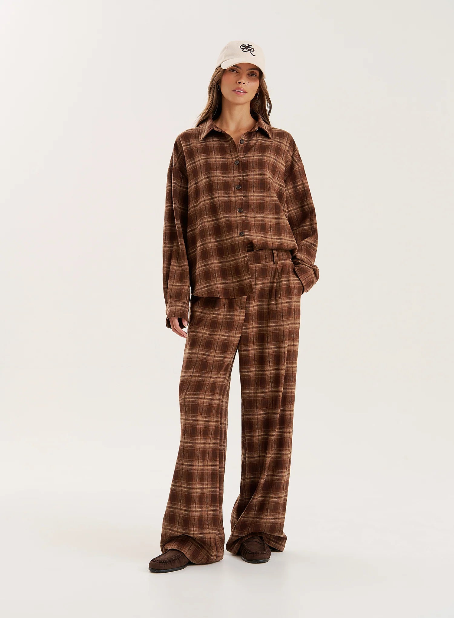 Brown Check Printed Oversized Shirt