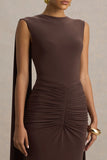 Premiere Brown Boat Neck Maxi Dress With Cape Sleeves And Open Back