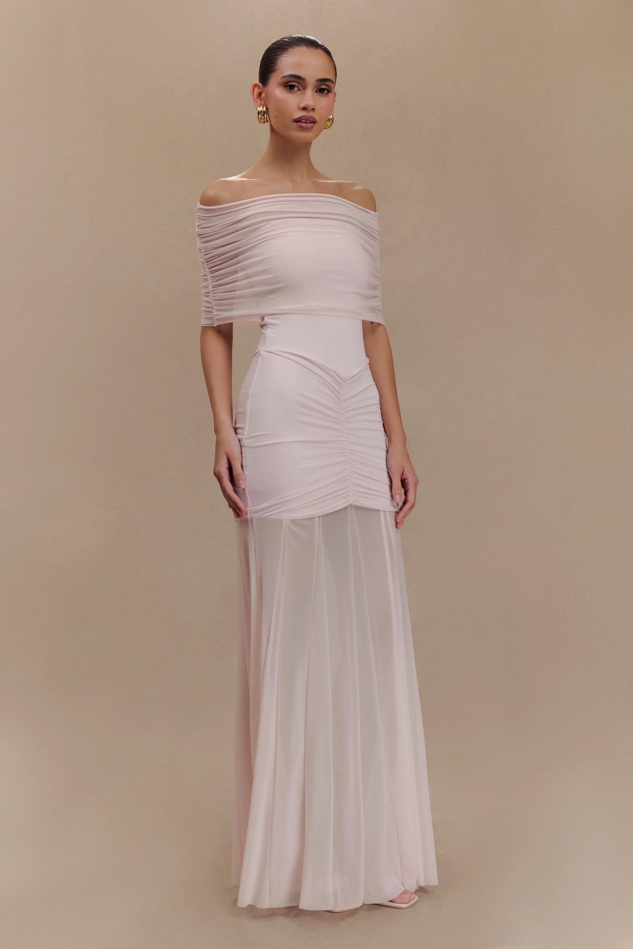 Caspian Slinky And Mesh Off Shoulder Maxi Dress Pale Pink